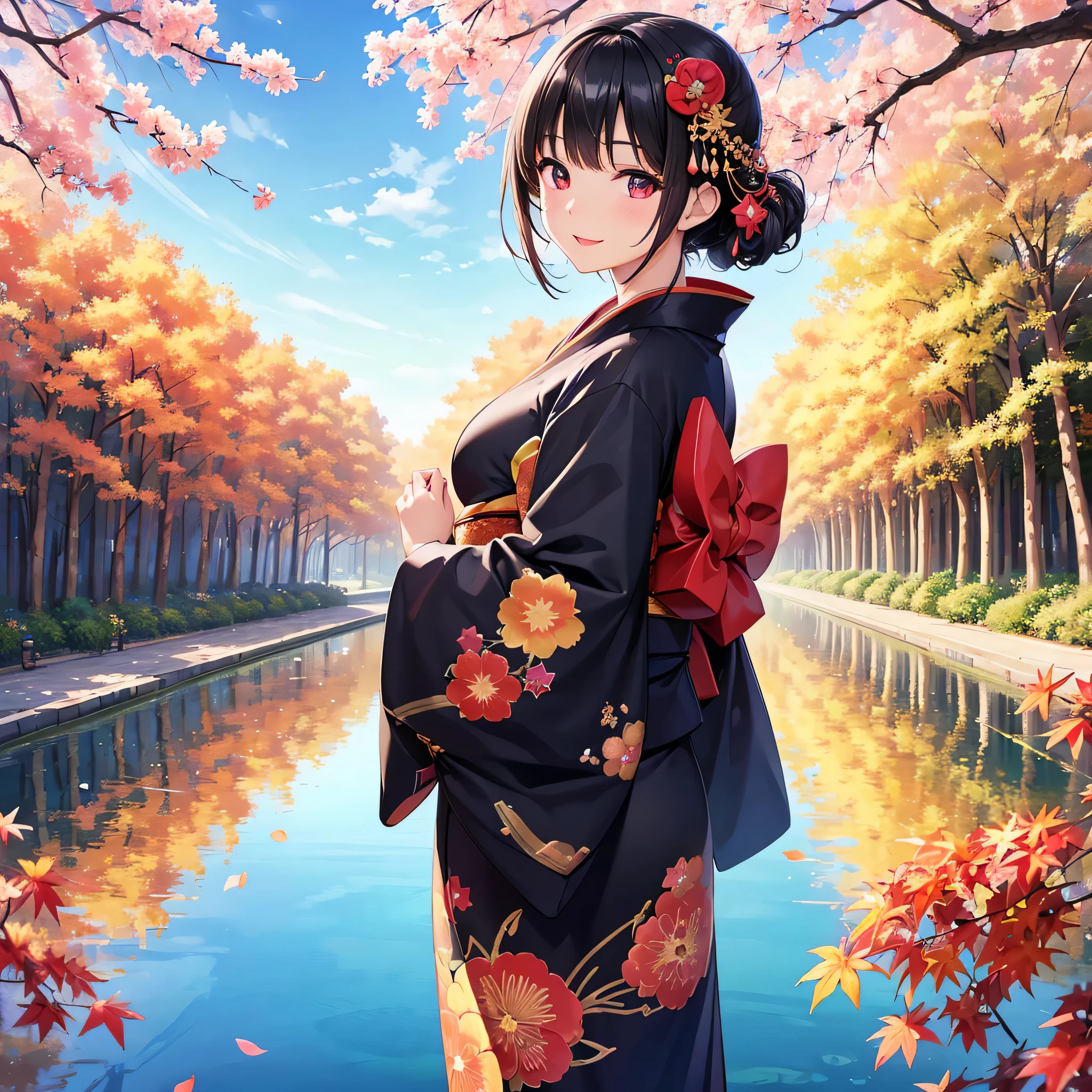 (Super beautiful woman in kimono)、((highest quality、8K masterpiece:1.3))、sharp focus:1.2、(super beautiful face:1.0)、(shiny skin:1.0)、realistic pictures、black haired、video writing、High resolution eyes and face、video writing、japanese actress、from the front、Medium chest、with a happy smile、wearing a kimono、under the autumn leaves、highest grade obi