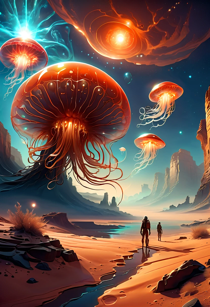 (Cute alien jellyfish on futuristic background combines sci-fi style with modern design)，风格为color纹理、(radiation clusters)、Lowell Herero、Transparent color、Rebecca Louise Law、color、Come to technology,thunder and lightning,Epic scenes,Photorealism,cyberpunk,bubble goth,Vision,8K