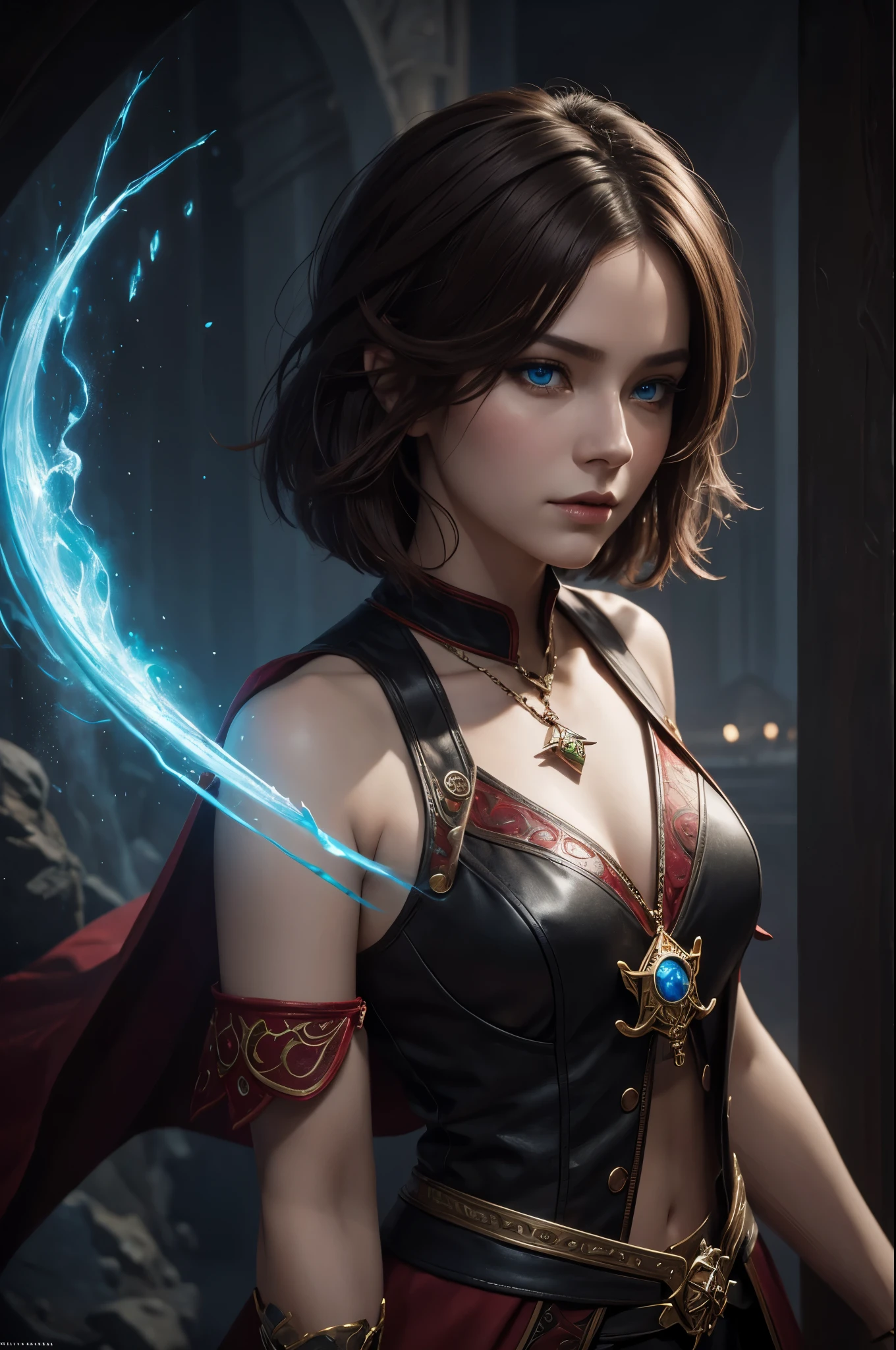 8k,blue eyes, brown hair short bob hair,red and black wizard costume, fantasy concept art portrait, fantasy art, Portrait of a female magician, fantasy art, Alexandra Fomina Art Station, 8Kfantasy art, beautiful magician, 壮大な絶妙なcharacter art,超A high resolution,big red gem amulet,look at the audience,small breasted witch,masterpiece,Photorealistic RAW photos of the highest quality。Backlight, cinematic lighting, film grain, to be born, 50mm lens, Nikon D850,realistic skin,fantasy art,character art,ultra high resolution,sharp gaze,grim expression,fighting pose,dynamic pose,ice magic,