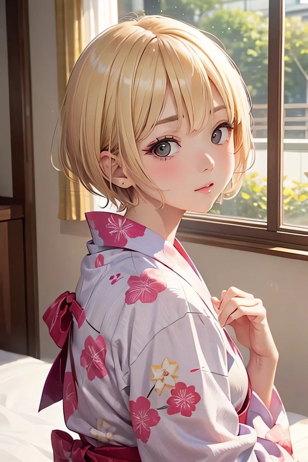 blonde、short hair、girl１、close up of face、bed、window、morning、yukata