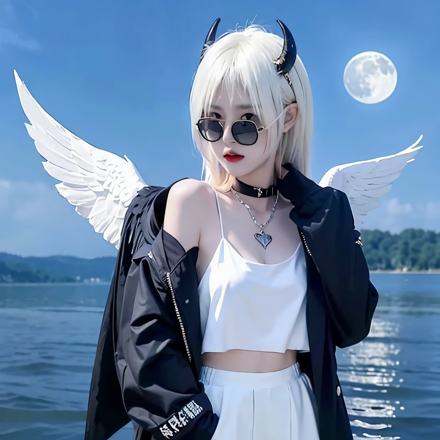 Sunglasses,satanic necklace,choker, black suit, suit with tie, black veil, satanic earing,standing in the lake with moon in the sky, angel, wings, White wings, holy girl, horns, lucifer, sunglasses, white hair