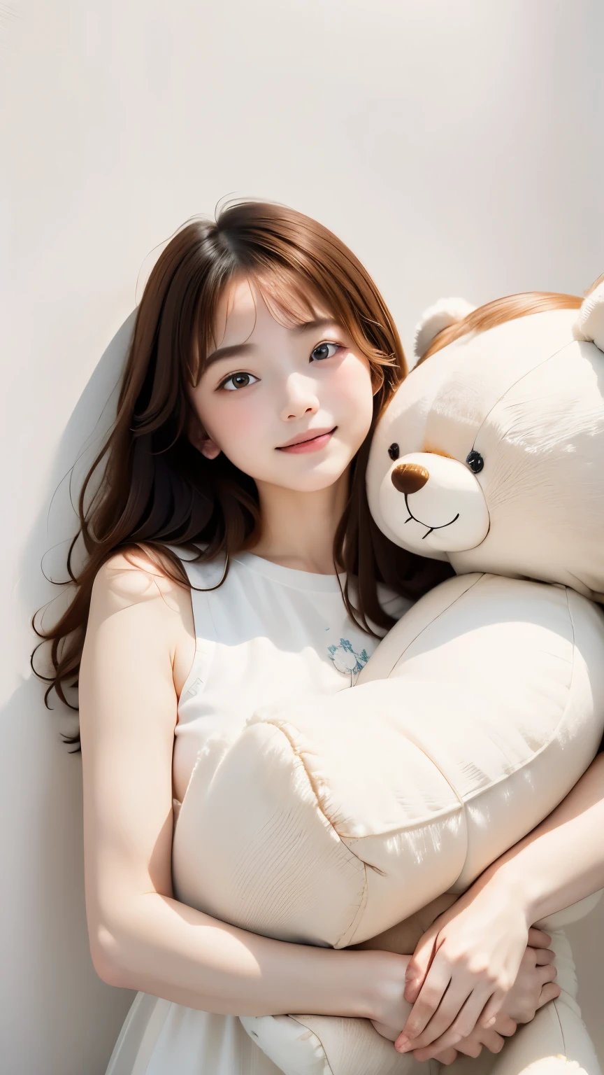 (((simple configuration)))、(((The background is a white wall:1.2)))、one girl、(((hugging a giant teddy bear)))、perfect anatomy、painterly、sketch、Smiling Girl、very delicate、wall with cloud-like pattern、、Floral、delicate depiction、abstract、Bright colors overall、Gentle color、Taisho romance、(masterpiece、highest quality、highest quality、official art、beautiful beautiful:1.2)、