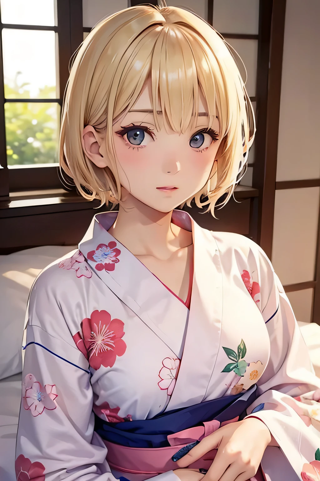 blonde、short hair、girl１、close up of face、bed、window、morning、yukata