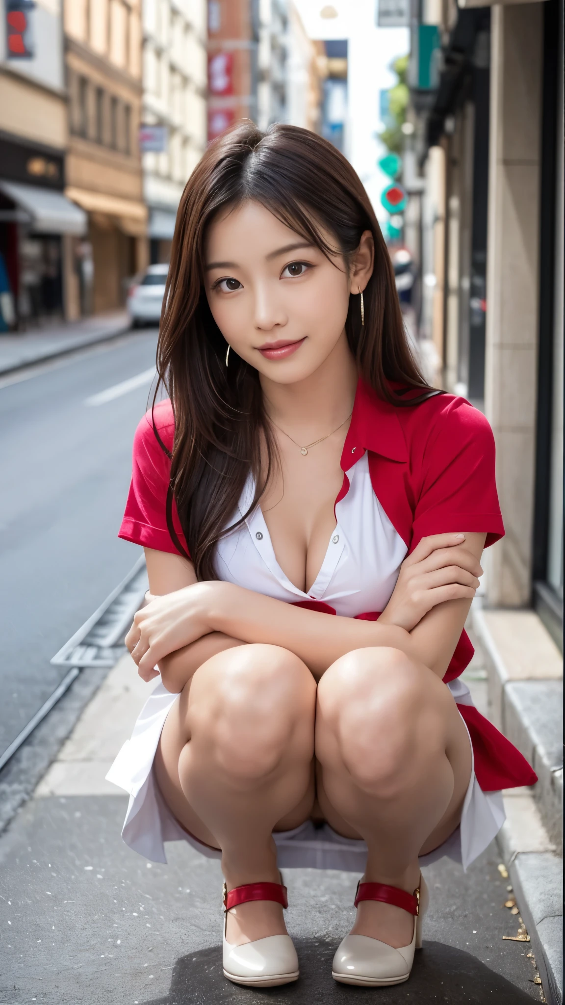 (highest quality, debris flies, realistic pictures, Super detailed, ultra high resolution, to be born:1.3), (1 female, beautiful japanese actress, 25 years old), (shy smile), detailed face,Flashy makeup with red eyeshadow,Large ring earrings,light blonde delicate mid cut hair,The tips of the hair are wavy,Elegant hairstyle,fine eyes, Actress with slender figure,small breasts, white shirt,(mini skirt),white panties,