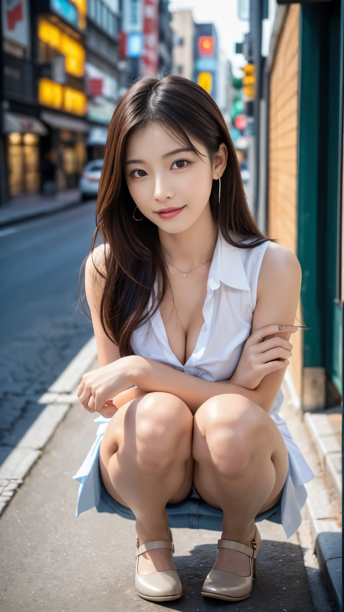 (highest quality, debris flies, realistic pictures, Super detailed, ultra high resolution, to be born:1.3), (1 female, beautiful japanese actress, 25 years old),  (shy smile), detailed face，Flashy makeup with red eyeshadow，Large ring earrings，light blonde delicate mid cut hair，The tips of the hair are wavy，Elegant hairstyle，fine eyes, Actress with slender figure，small breasts,  white shirt，(mini skirt)，white panties，