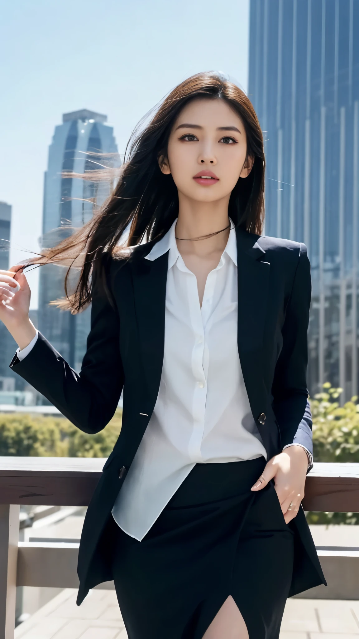 ((table top:1.4, highest quality)), (realistic pictures:1.4),
((1 girl)), glossy black hair, hair blowing in the wind,
(超A high resolution:1.2), very delicate and beautiful, wonderful,
Highly detailed CG Unity 8k wallpaper, super detailed, High resolution, soft light,
beautiful detailed girl, highly detailed eyes and face, beautifully detailed nose, detailed and beautiful eyes,
(Dark blue business suit, skirt:1.4),
cinematic lighting, perfect anatomy, slender body, slender long legs, taut,
(Glass skyscraper:1.3), (sunny winter blue sky:1.4), (Beautiful form with an inorganic atmosphere),
cool look, cowboy shot