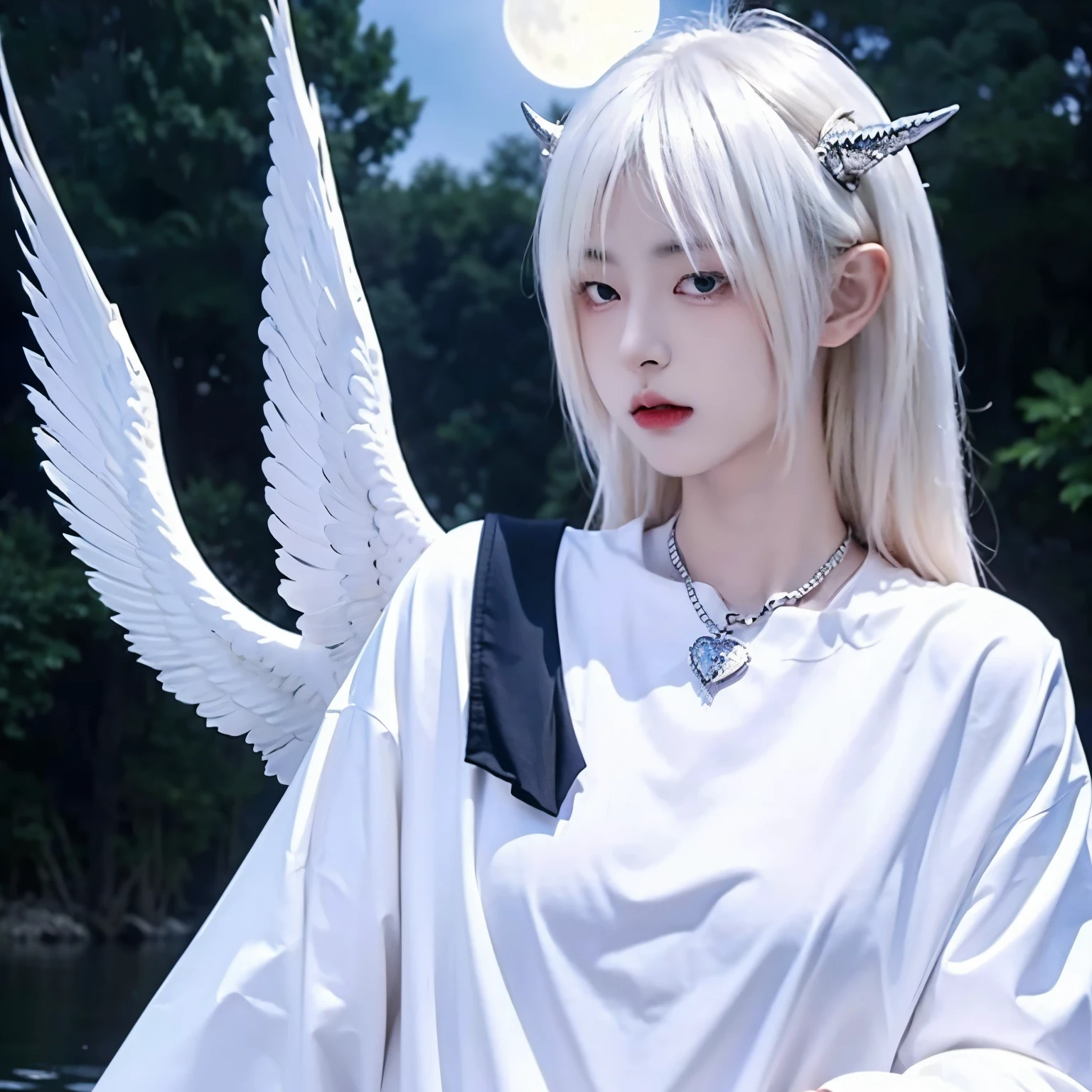 White hair,satanic necklace,choker, black suit, suit with tie, black veil, satanic earing,standing in the lake with moon in the sky, angel, wings, White wings, holy girl, horns, lucifer, white hair