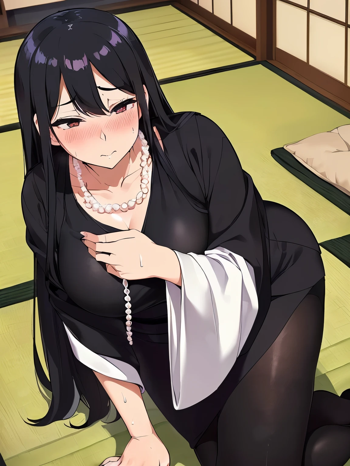 ((highest quality, masterpiece)), japanese woman、Are standing、Are standing、(vapor、pearl necklace、black dress、black dress、black tights、vapor、Sweat、blush:1.3), ((MILF:1.5、、black hair、long hair、), ((tatami、Japanese cushion、indoor))