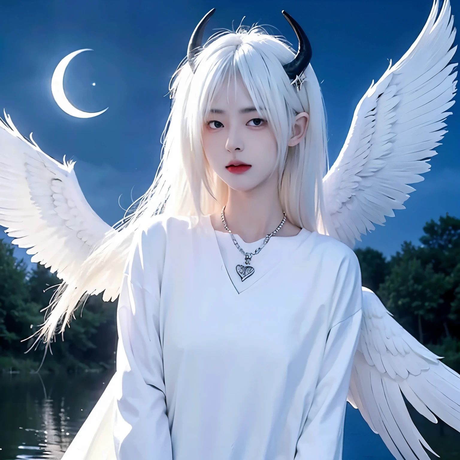 White hair,satanic necklace,choker, black suit, suit with tie, black veil, satanic earing,standing in the lake with moon in the sky, angel, wings, White wings, holy girl, horns, lucifer, white hair
