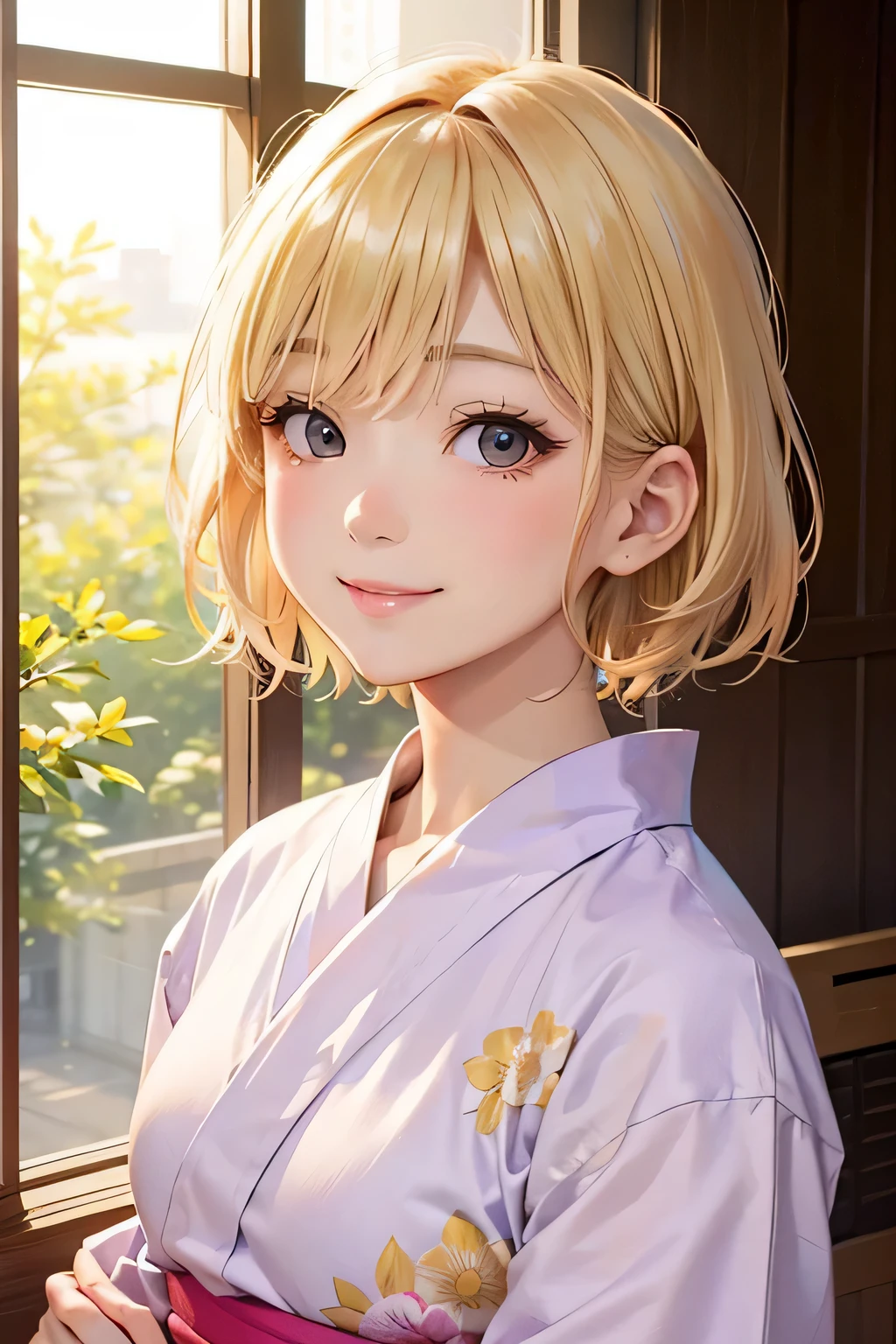 blonde、short hair、girl１、close up of face、smile、window、morning、sunlight、yukata