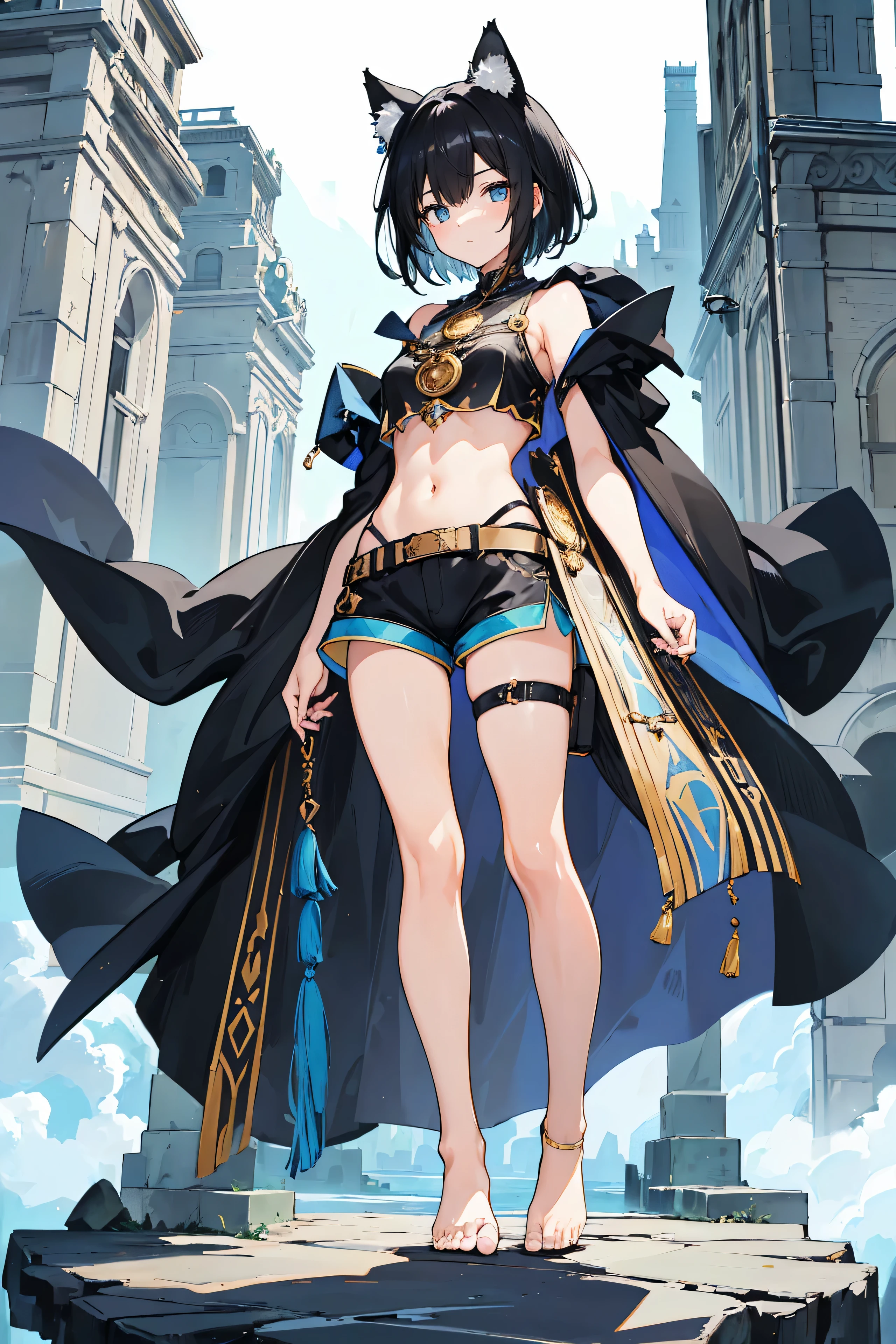 alone,absurd solution、High resolution、confront the viewing angle,(masterpiece:1.4)、Super detailed、(finger details),(一人のgirl)、美しい詳細なgirl、detailed face、transparent and beautiful, With the character as the main point of view, glowing skin, girl, woman, young, (black costume),((Cat ear))、(black hair)、(black hairの),(Habitual hair、shortcut)、(short hair),black eye,cute、beautiful face、beautiful eyes,fantasy costume,original character,((wearing armor))、(robe),(cloak),((Medieval European costumes)),,(big breasts:0.7), (crop top:1.5), (Holter shoulder:1.3),(shorts:1.3), (barefoot:1.1),(cape:1.3),(confront:1.2),(whole bodyポートレート),(Are standing:1.3),(put on shoes:1.5),tachi-e, whole body, white background,