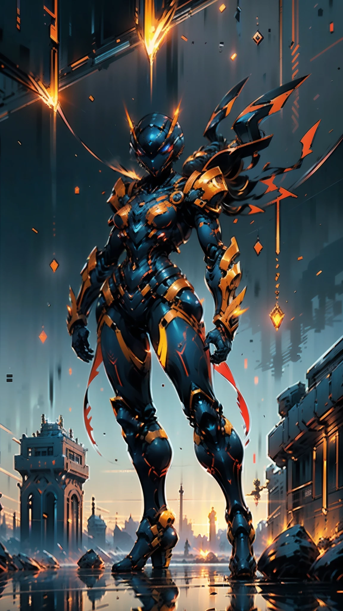 A woman adorned in fantasy-style full-body armor, a crown-concept fully enclosed helmet that unveils only her eyes, a composite layered chest plate, fully encompassing shoulder and hand guards, a lightweight waist armor, form-fitting shin guards, the overall design is heavy-duty yet flexible, ((the armor gleams with a golden glow, complemented by red and blue accents)), exhibiting a noble aura, she floats above a fantasy-surreal high-tech city, this character embodies a finely crafted fantasy-surreal style armored hero in anime style, exquisite and mature manga art style, (Queen bee mixed with Spider concept Armor, plasma, blood), ((Element, energy, elegant, goddess, femminine:1.5)), metallic, high definition, best quality, highres, ultra-detailed, ultra-fine painting, extremely delicate, professional, anatomically correct, symmetrical face, extremely detailed eyes and face, high quality eyes, creativity, RAW photo, UHD, 32k, Natural light, cinematic lighting, masterpiece-anatomy-perfect, masterpiece:1.5