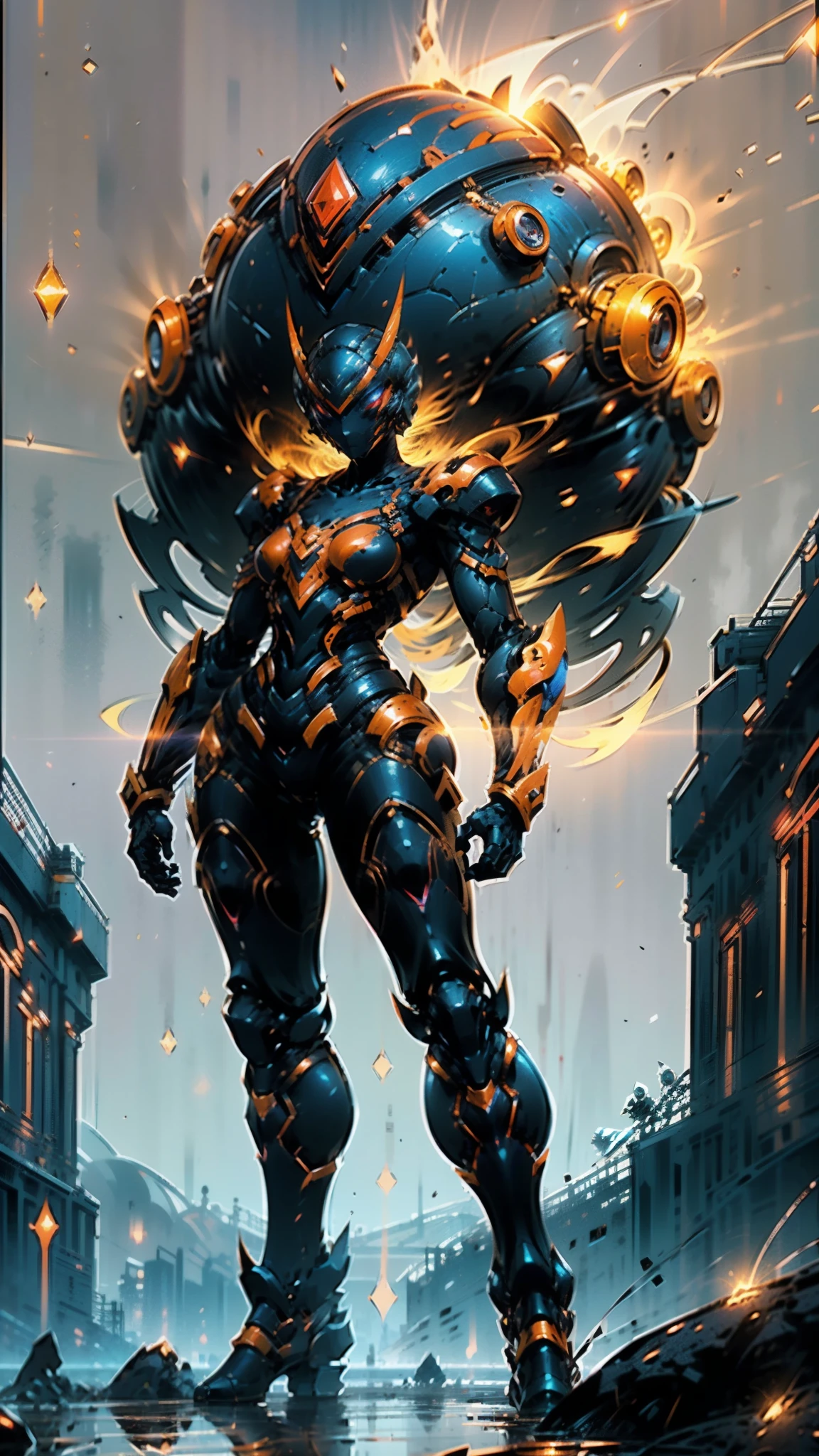 A woman adorned in fantasy-style full-body armor, a crown-concept fully enclosed helmet that unveils only her eyes, a composite layered chest plate, fully encompassing shoulder and hand guards, a lightweight waist armor, form-fitting shin guards, the overall design is heavy-duty yet flexible, ((the armor gleams with a golden glow, complemented by red and blue accents)), exhibiting a noble aura, she floats above a fantasy-surreal high-tech city, this character embodies a finely crafted fantasy-surreal style armored hero in anime style, exquisite and mature manga art style, (Queen bee mixed with Spider concept Armor, plasma, blood), ((Element, energy, elegant, goddess, femminine:1.5)), metallic, high definition, best quality, highres, ultra-detailed, ultra-fine painting, extremely delicate, professional, anatomically correct, symmetrical face, extremely detailed eyes and face, high quality eyes, creativity, RAW photo, UHD, 32k, Natural light, cinematic lighting, masterpiece-anatomy-perfect, masterpiece:1.5