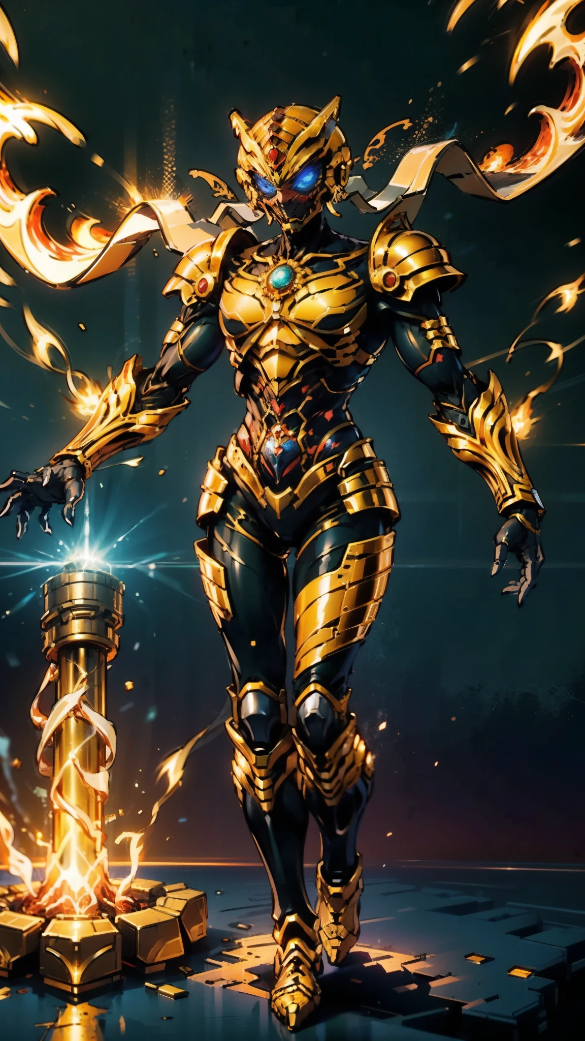 A woman adorned in fantasy-style full-body armor, a crown-concept fully enclosed helmet that unveils only her eyes, a composite layered chest plate, fully encompassing shoulder and hand guards, a lightweight waist armor, form-fitting shin guards, the overall design is heavy-duty yet flexible, ((the armor gleams with a golden glow, complemented by red and blue accents)), exhibiting a noble aura, she floats above a fantasy-surreal high-tech city, this character embodies a finely crafted fantasy-surreal style armored hero in anime style, exquisite and mature manga art style, (Queen bee mixed with Spider concept Armor, plasma, blood), ((Element, energy, elegant, goddess, femminine:1.5)), metallic, high definition, best quality, highres, ultra-detailed, ultra-fine painting, extremely delicate, professional, anatomically correct, symmetrical face, extremely detailed eyes and face, high quality eyes, creativity, RAW photo, UHD, 32k, Natural light, cinematic lighting, masterpiece-anatomy-perfect, masterpiece:1.5