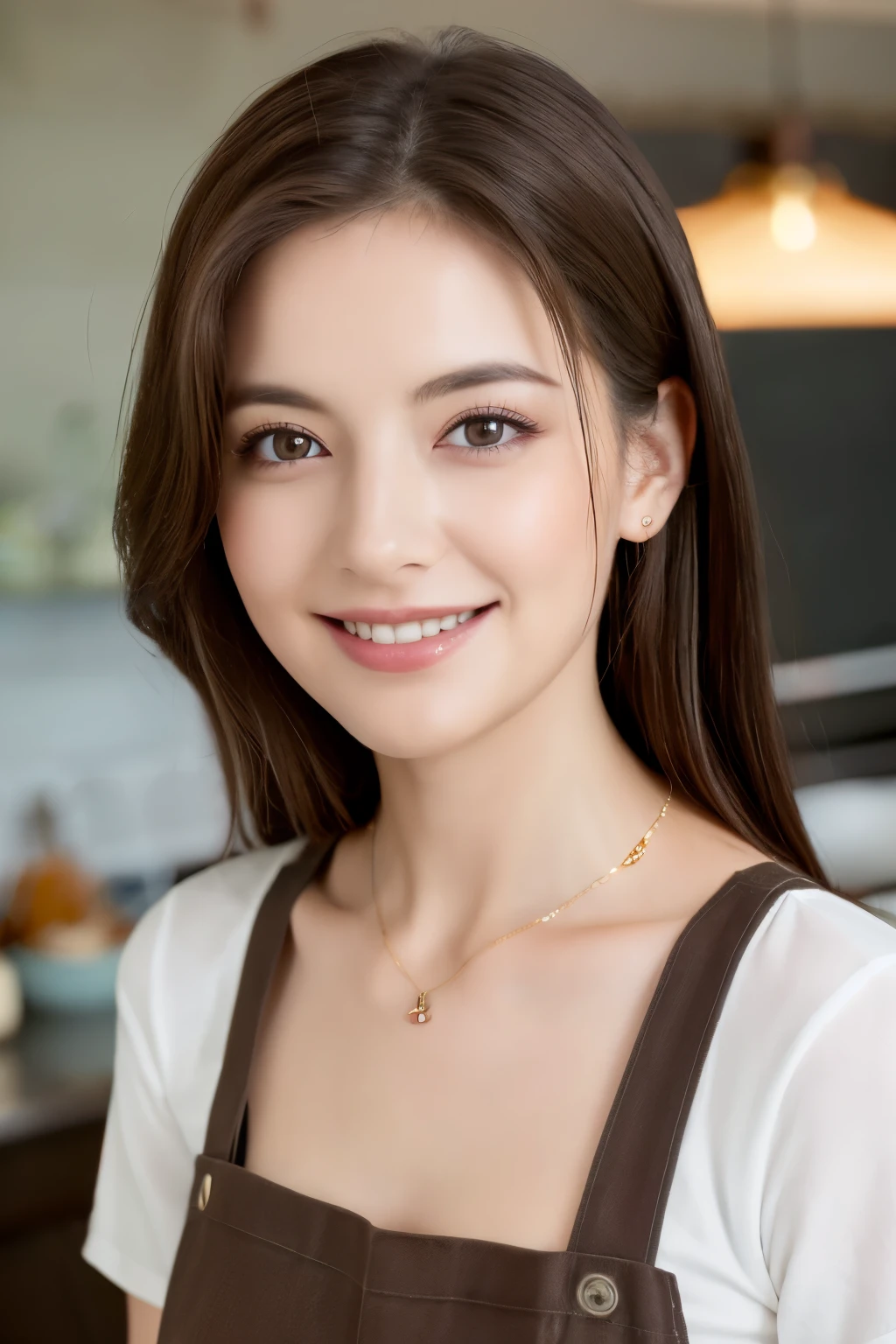 (highest quality、8k、masterpiece:1.3)、beautiful woman with perfect figure:1.4、dark brown hair、wearing a pendant、Wearing an apron、in the kitchen、highly detailed face and skin、 detailed eyes、double eyelid、big breasts、smile