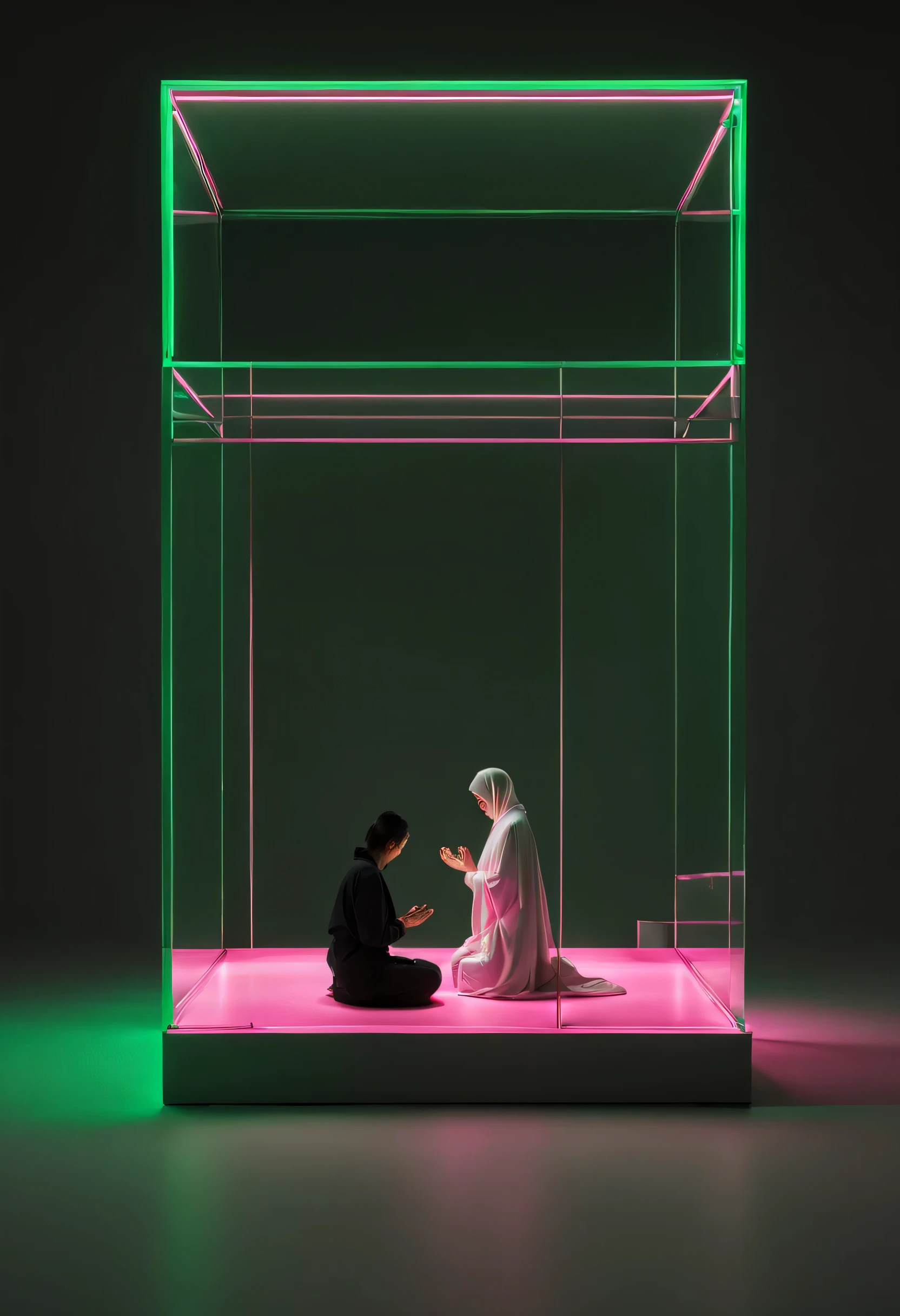 fine art photography | A minimalist glass boxx with green and pink neon light house designed by Nendo | Outdoor activities | Geometric; futuristic; minimalist; people praying