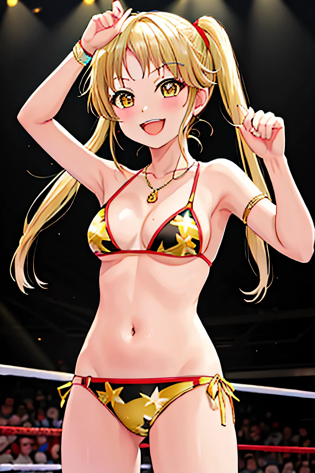 highest quality, best image quality、masterpiece, High resolution, alone,smile、 {tsurumaki_key_BanG Dream:1.15}, gold bikini、Are standing、The background is professional wrestling