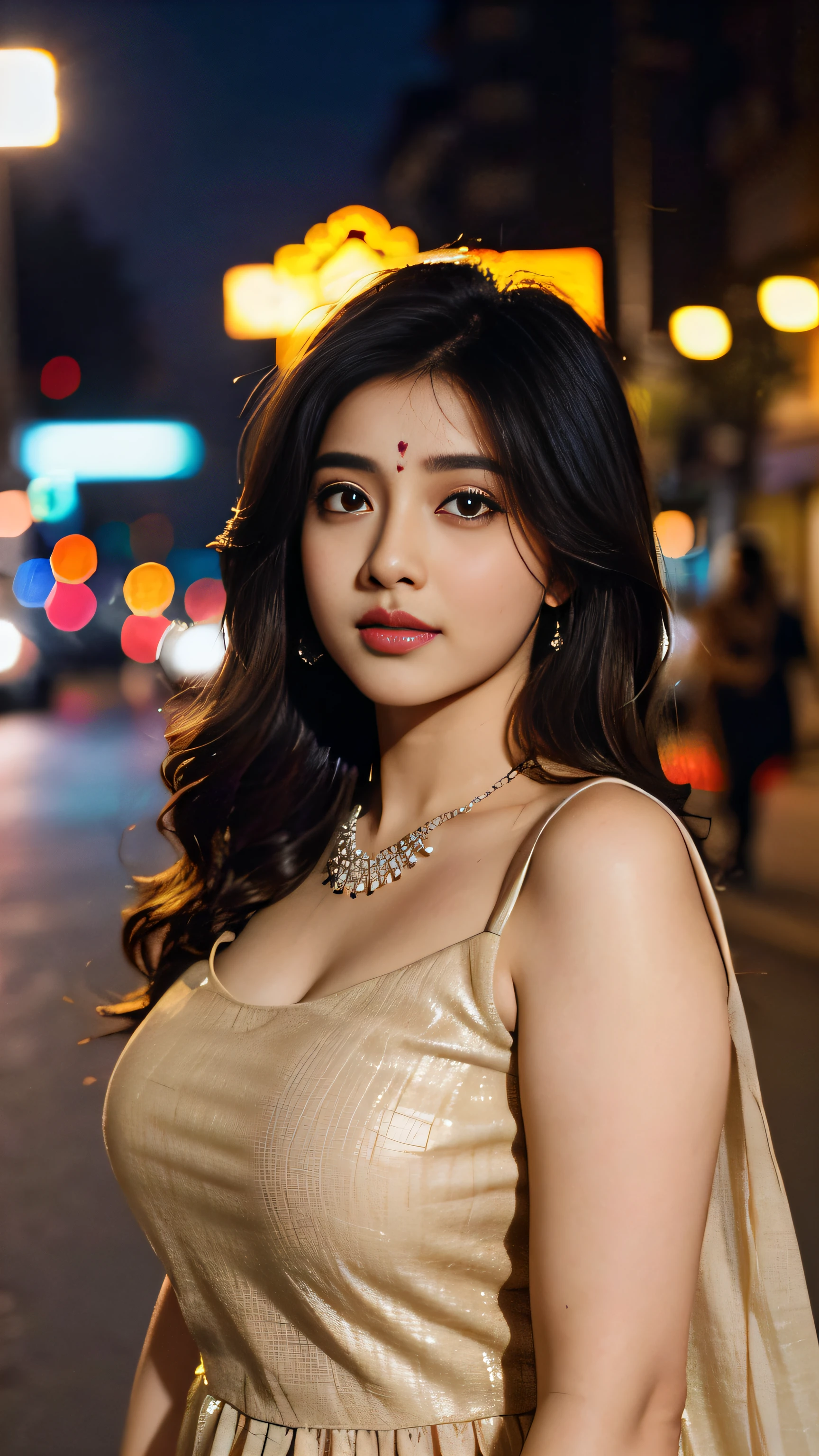 (((desi girl))), chubby face, natural skin, wearing hot deep neck top and dupatta, charming black hair, ((hair ends are blonde)), city streets background, bokeh