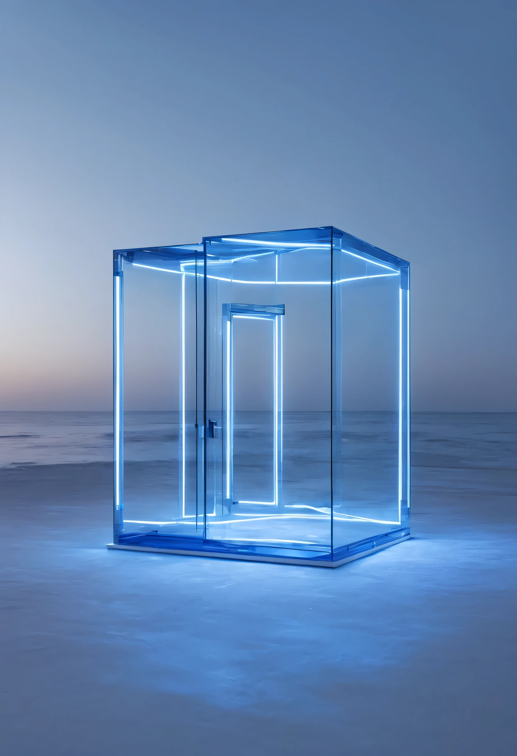 fine art photography | A minimalist glass boxx with white and blue neon light house designed by Nendo | in the universe | Geometric; futuristic; minimalist;