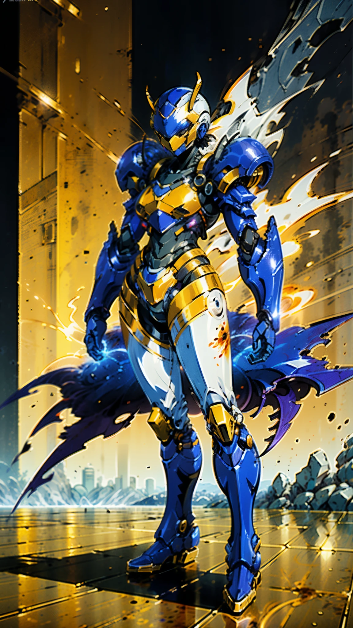 A woman adorned in fantasy-style full-body armor, a crown-concept fully enclosed helmet that unveils only her eyes, a composite layered chest plate, fully encompassing shoulder and hand guards, a lightweight waist armor, form-fitting shin guards, the overall design is heavy-duty yet flexible, ((the armor gleams with a golden glow, complemented by red and blue accents)), exhibiting a noble aura, she floats above a fantasy-surreal high-tech city, this character embodies a finely crafted fantasy-surreal style armored hero in anime style, exquisite and mature manga art style, (Queen bee mixed with Spider concept Armor, plasma, blood), ((Element, energy, elegant, goddess, femminine:1.5)), metallic, high definition, best quality, highres, ultra-detailed, ultra-fine painting, extremely delicate, professional, anatomically correct, symmetrical face, extremely detailed eyes and face, high quality eyes, creativity, RAW photo, UHD, 32k, Natural light, cinematic lighting, masterpiece-anatomy-perfect, masterpiece:1.5