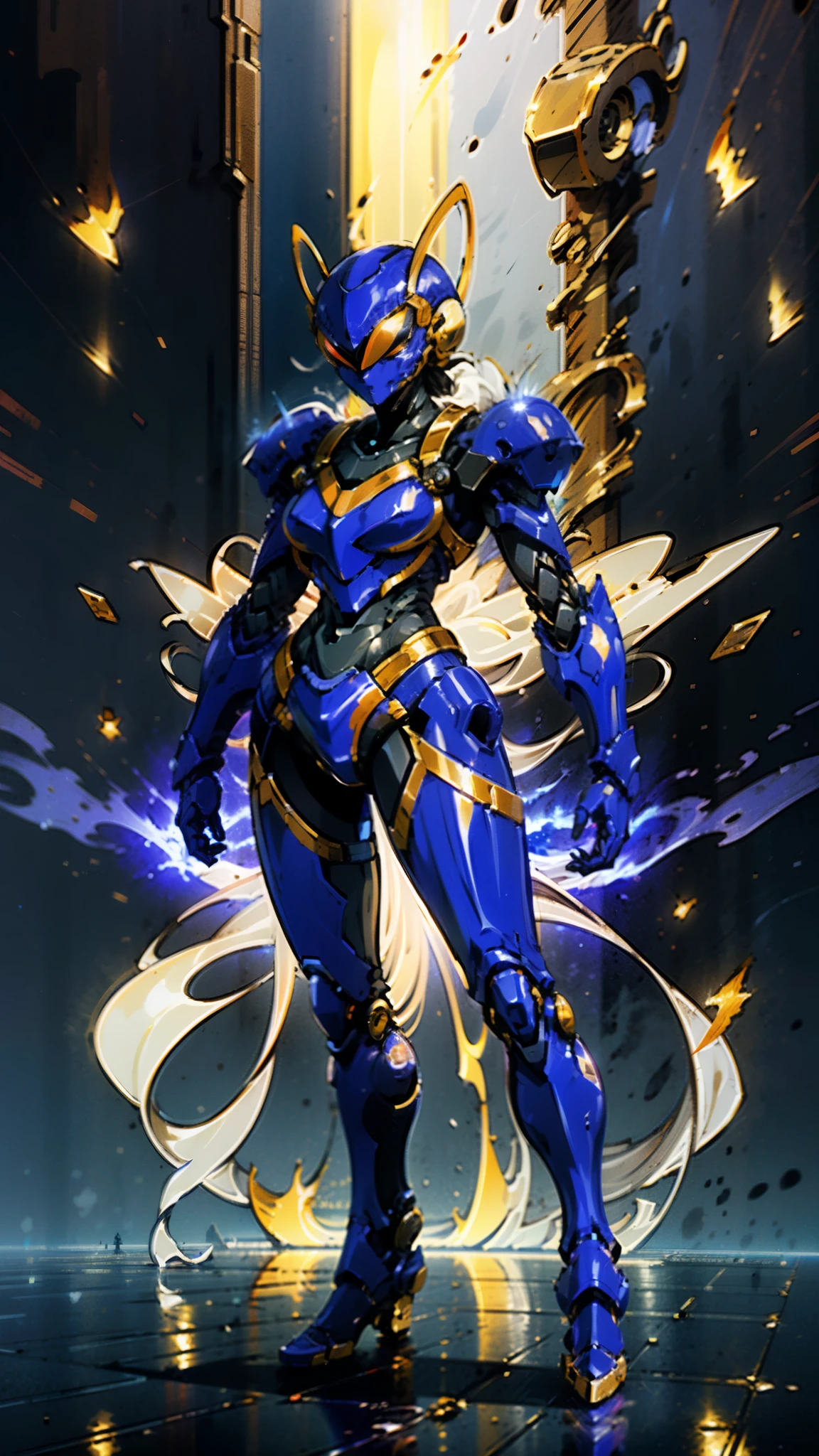 A woman adorned in fantasy-style full-body armor, a crown-concept fully enclosed helmet that unveils only her eyes, a composite layered chest plate, fully encompassing shoulder and hand guards, a lightweight waist armor, form-fitting shin guards, the overall design is heavy-duty yet flexible, ((the armor gleams with a golden glow, complemented by red and blue accents)), exhibiting a noble aura, she floats above a fantasy-surreal high-tech city, this character embodies a finely crafted fantasy-surreal style armored hero in anime style, exquisite and mature manga art style, (Queen bee mixed with Spider concept Armor, plasma, blood), ((Element, energy, elegant, goddess, femminine:1.5)), metallic, high definition, best quality, highres, ultra-detailed, ultra-fine painting, extremely delicate, professional, anatomically correct, symmetrical face, extremely detailed eyes and face, high quality eyes, creativity, RAW photo, UHD, 32k, Natural light, cinematic lighting, masterpiece-anatomy-perfect, masterpiece:1.5