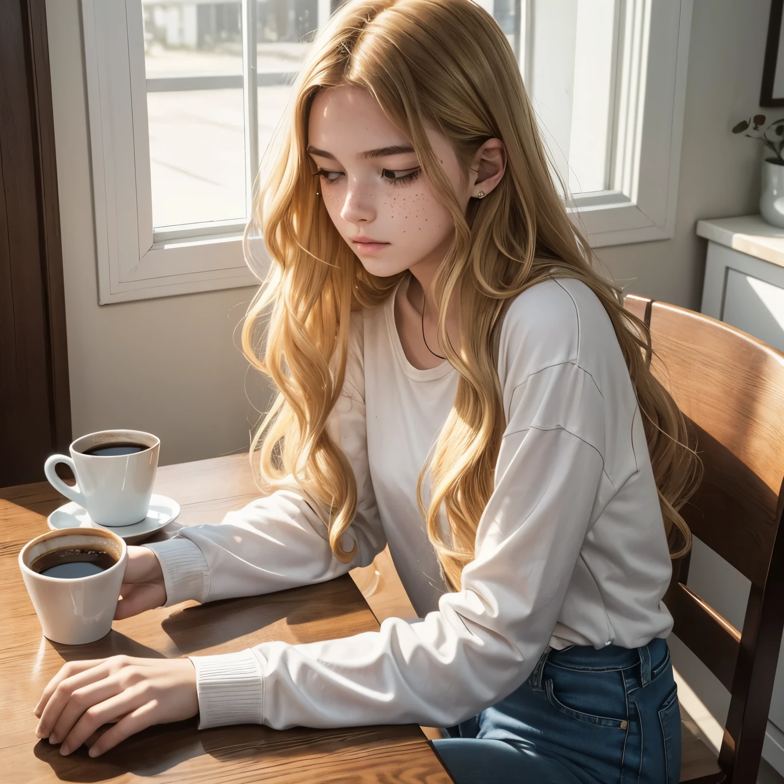1 girl, young, 17y, extremely beautiful, very long and wavy golden hair, light freckles, white long-sleeved shirt, jeans, coffee, sitting at the table, sad, withdrawn, looking down, uncomfortable