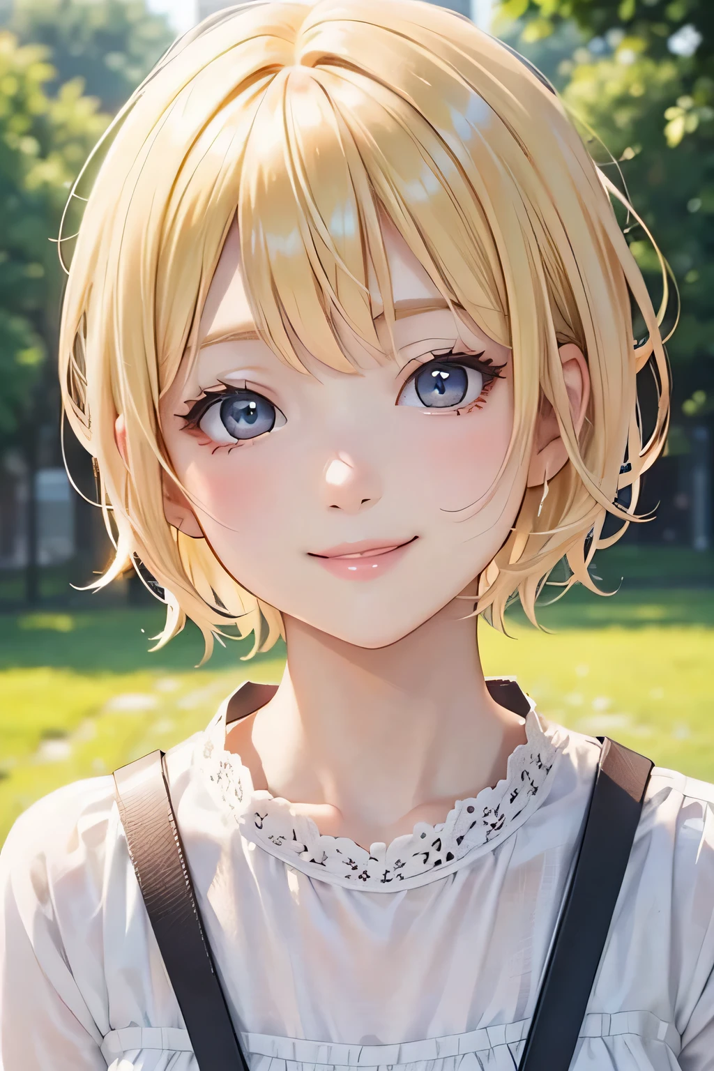blonde、short hair、girl１、close up of face、walk、smile、morning、sunlight