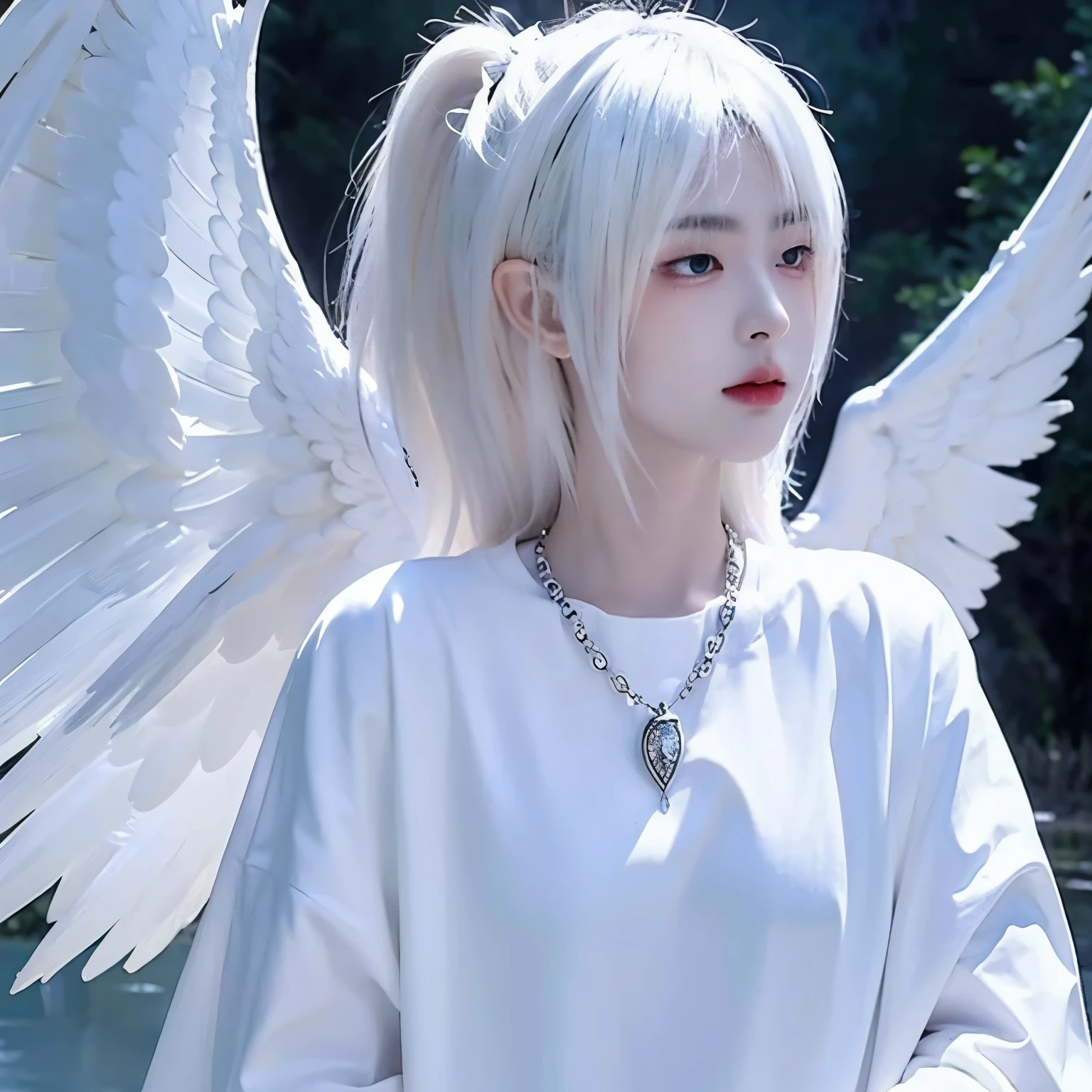 White hair,satanic necklace,choker, black suit, suit with tie, black veil, satanic earing,standing in the lake with moon in the sky, angel, wings, White wings, holy girl, horns, lucifer, white hair