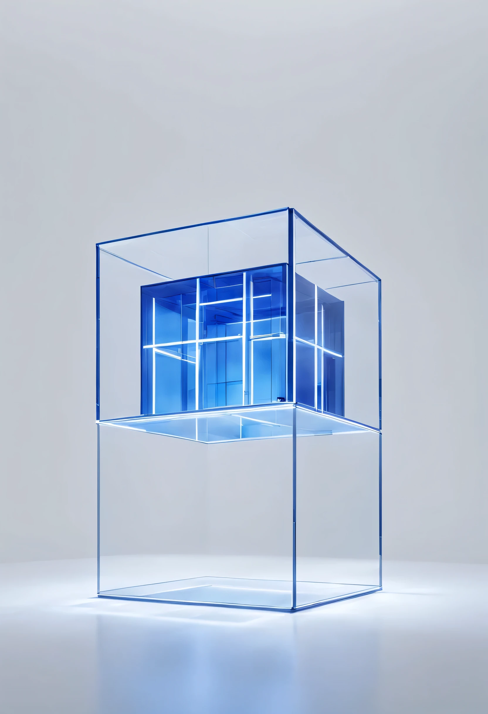 fine art photography | A minimalist glass boxx with white and blue neon light house designed by Nendo | in the universe | Geometric; futuristic; minimalist;