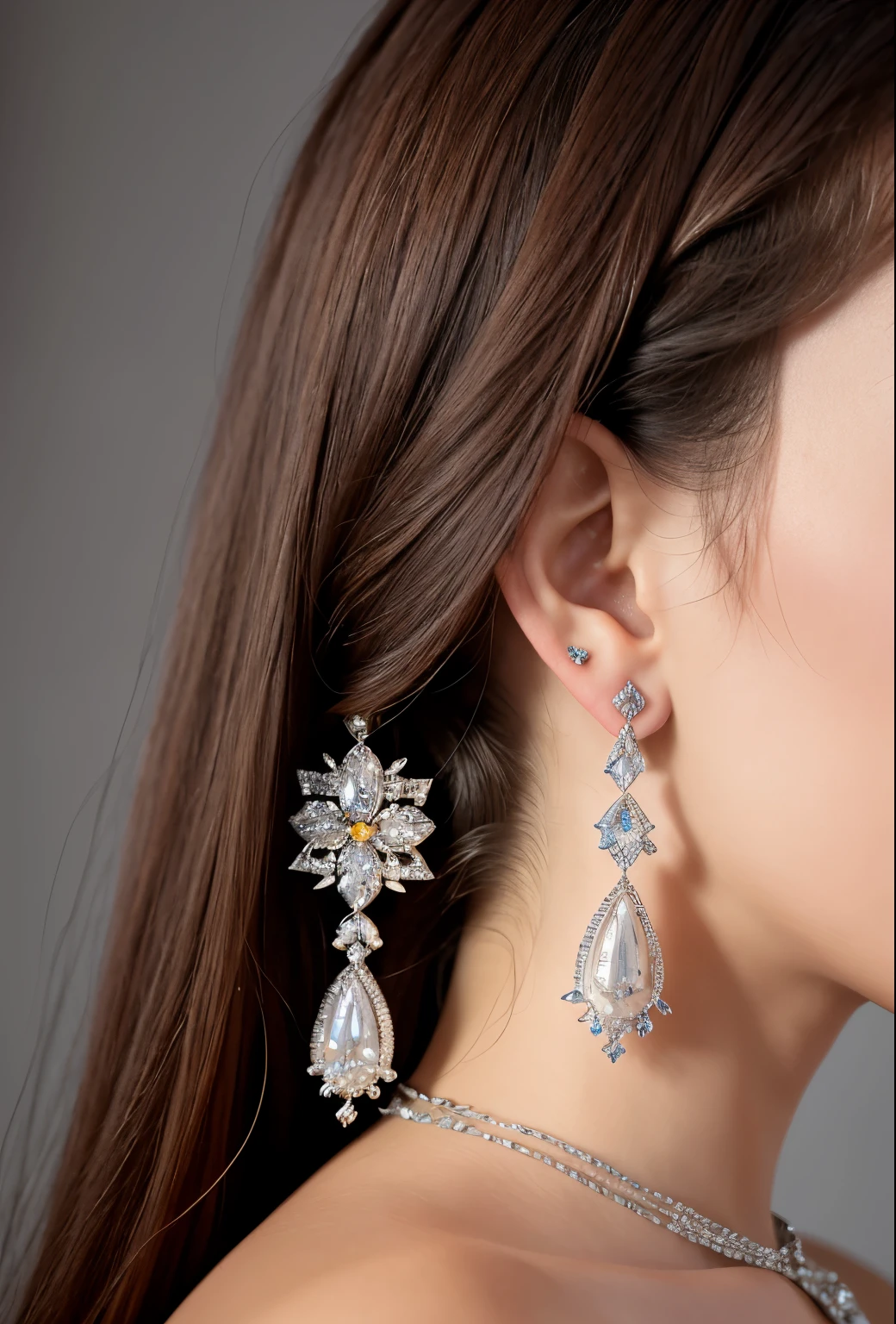 (masterpiece, best quality), intricate details, realistic, photorealistic, a close up of a woman wearing earrings, inspired by Emma Andijewska, draped in crystals, silver color, long earrings, sandra chevier, huge earrings, 2019, blue-eyed, platinum jewellery, earring, flawless structure, silver earring,