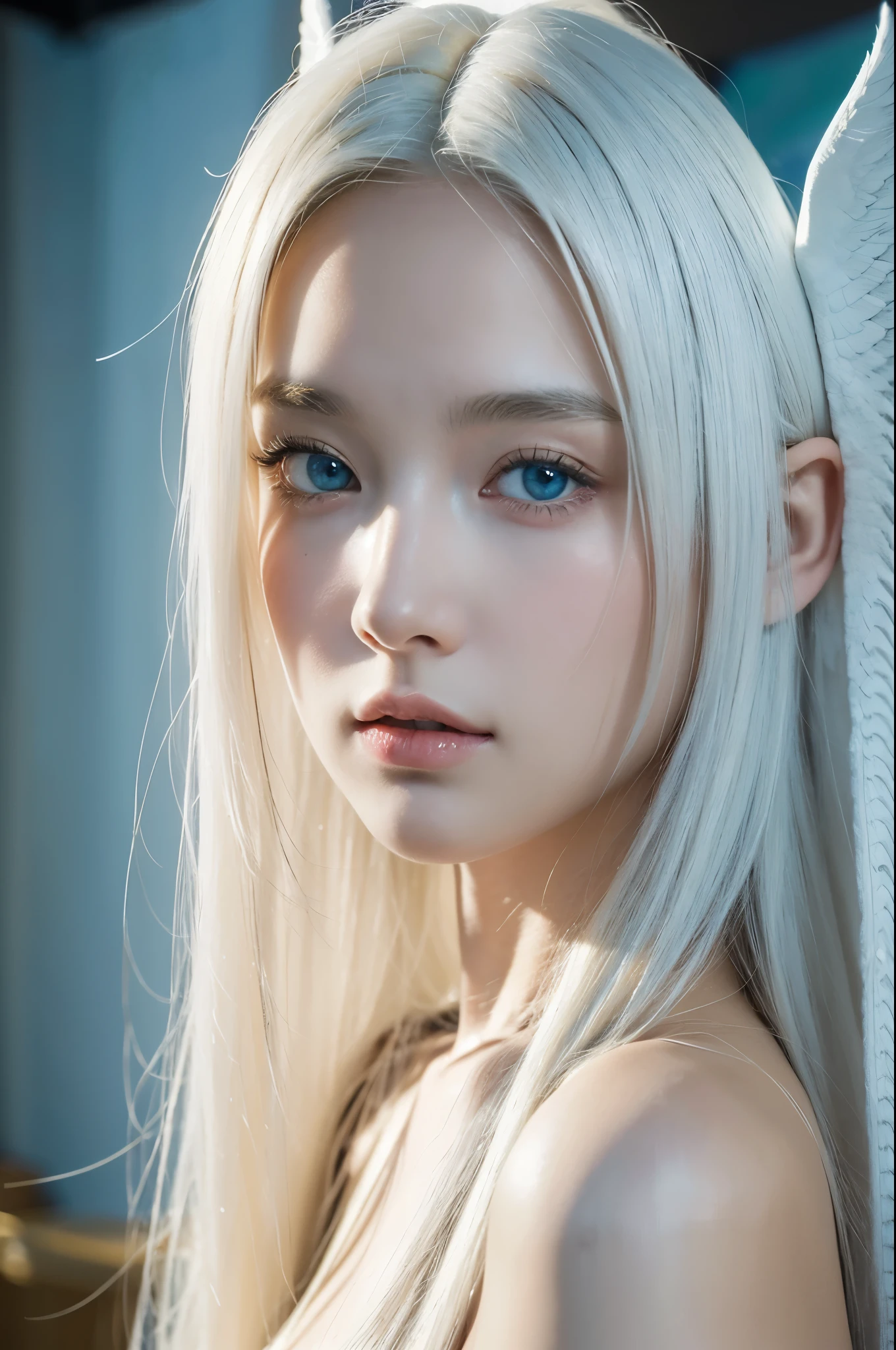 professional photograph by DC Comics and walker evans, an incredibly beautiful 18 year old model with light blue eyes and extremely long straight ivory white hair,  (golden , angelic , masterful:1.4), extremely realistic photography, bold lines, hyper detailed, expressive,  award winning,  (female:1.4), (intricate details, masterpiece, best quality:1.4),
looking at viewer, dynamic pose, wide angle view, dark limited palette, neutral density filter ,
