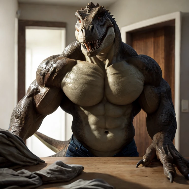T-rex, Tyrannosaurus, Scales, Dinosaur Claws, Dinosaur Tail, Changing Clothes, Bedroom, Removing Clothes, Naked, T-shirt on hand, Clothes on floor, Muscular, Big Pecs, Pectoral Muscles: 1.1, Muscles: 3, Looking at camera, Open Mouth, Dinosaur teeth, Correct Anatomy, (realistic Shadow, Camera peeking at the bedroom door, Depth of Field, Anthro, High Quality, Best Quality,