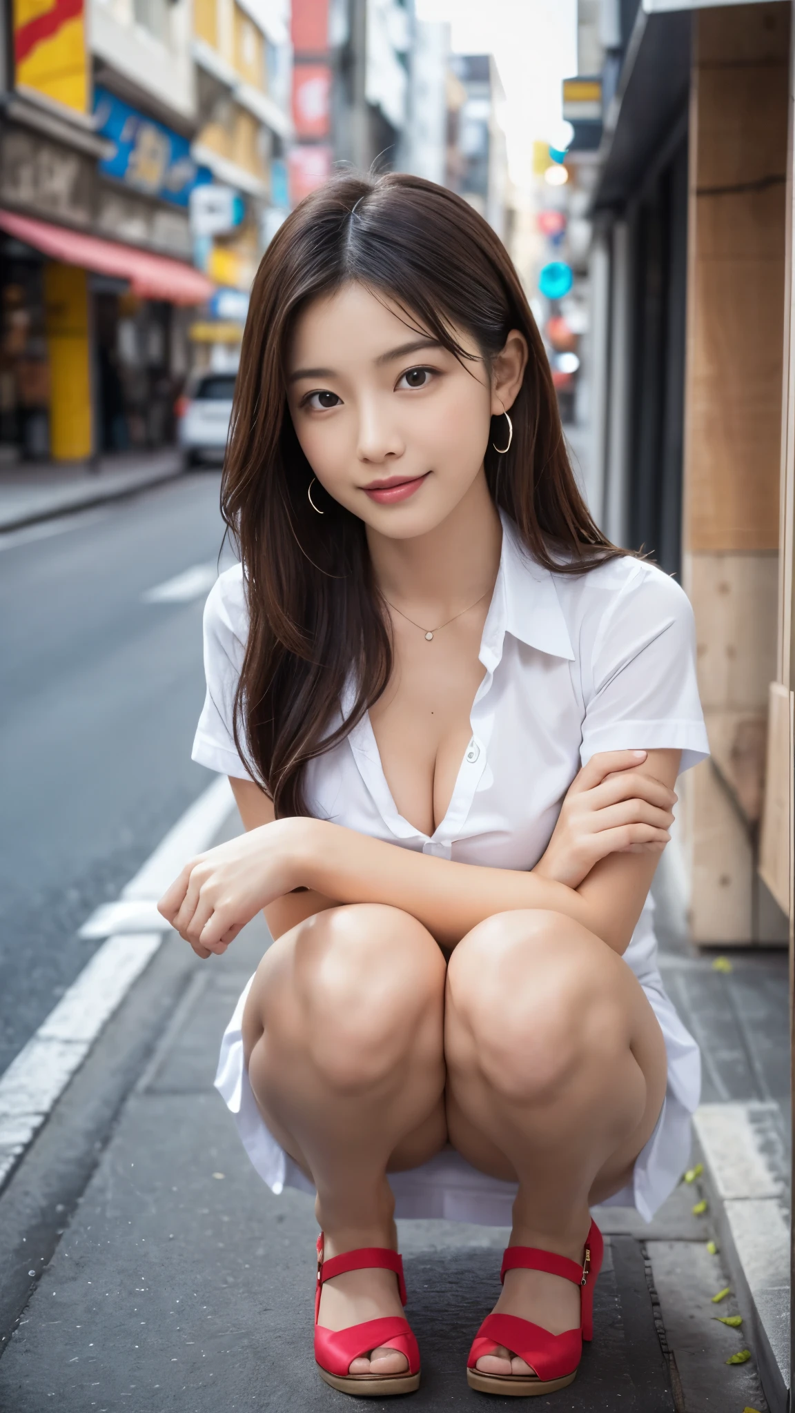 (highest quality, debris flies, realistic pictures, Super detailed, ultra high resolution, to be born:1.3), (1 female, beautiful japanese actress, 25 years old), (shy smile), detailed face,Flashy makeup with red eyeshadow,Large ring earrings,light blonde delicate mid cut hair,The tips of the hair are wavy,Elegant hairstyle,fine eyes, Actress with slender figure,small breasts, white shirt,(mini skirt),white panties,