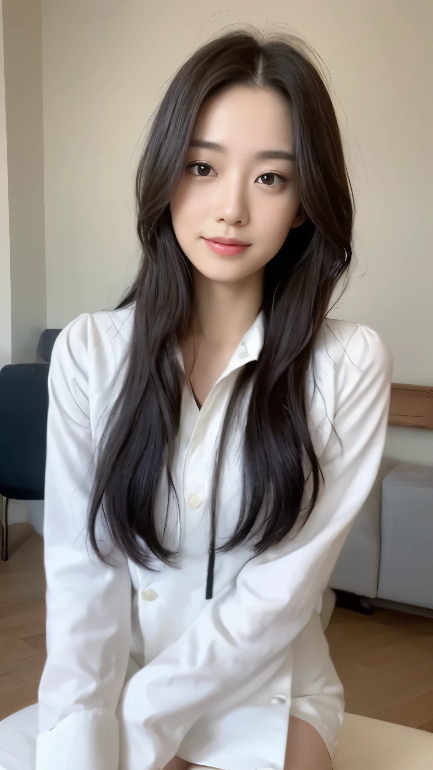 ((top-quality、8k、​masterpiece:1.3))、Beautiful woman with perfect body:1.4、slim abdomen:1.2、Longhair, normal breast, Highly detailed facial and skin texture, A detailed eye, delicate eyes, double eyelid, (smile), (full body shot), ((office)), (sitting on chair), (((wearing white uniform)), looking in front, food