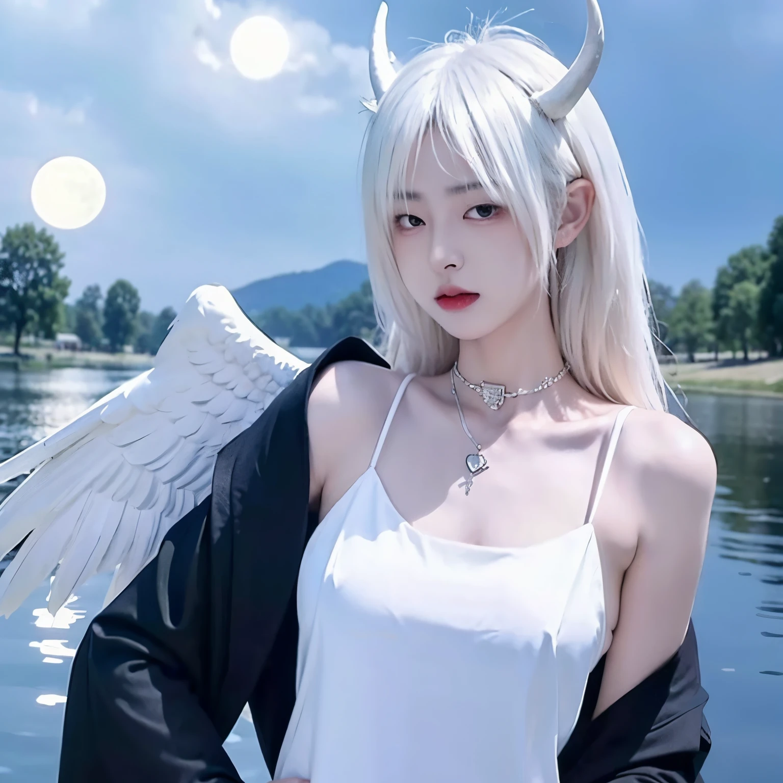 White hair,satanic necklace,choker, black suit, suit with tie, black veil, satanic earing,standing in the lake with moon in the sky, angel, wings, White wings, holy girl, horns, lucifer, white hair