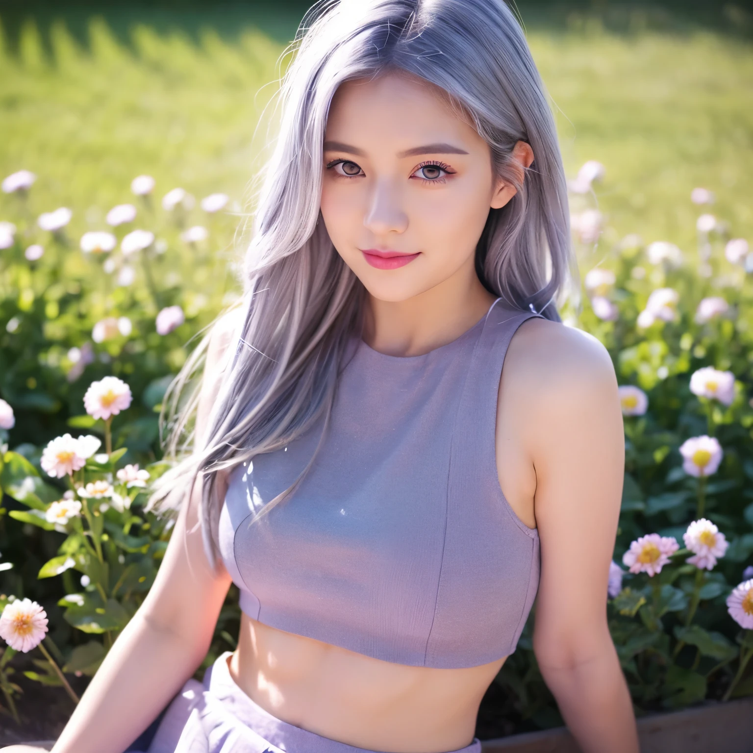 realistic, 1 girl, gray hair, purple eyes, shining eyes, crop top, skirt, parted lips, blush, night, flowers, sun, sunlight,
