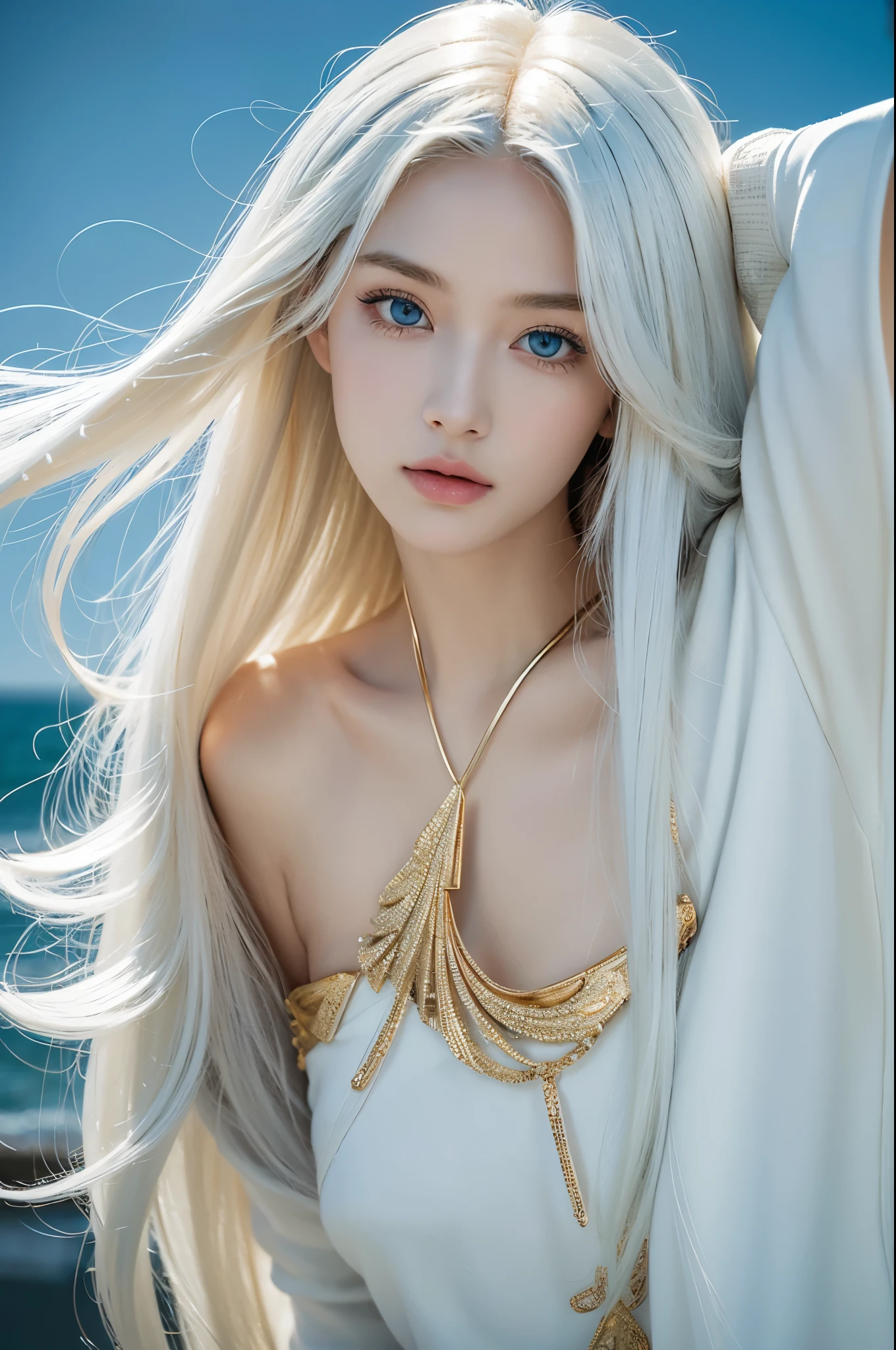 professional photograph by DC Comics and walker evans, an incredibly beautiful 18 year old model with light blue eyes and extremely long straight ivory white hair, (golden , angelic , masterful:1.4), extremely realistic photography, bold lines, hyper detailed, expressive, award winning, (female:1.4), (intricate details, masterpiece, best quality:1.4),
looking at viewer, dynamic pose, wide angle view, dark limited palette, neutral density filter ,