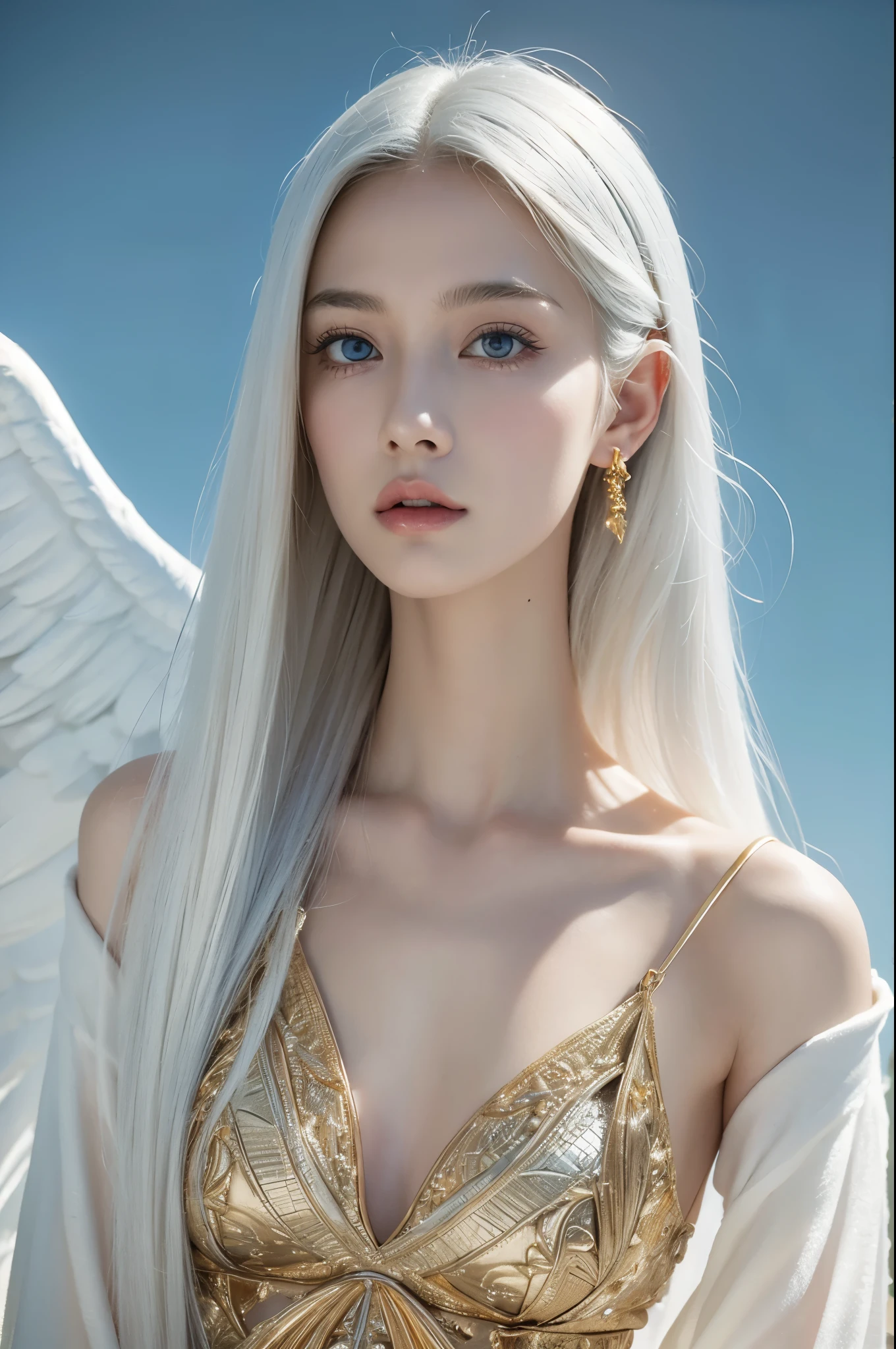 professional photograph by DC Comics and walker evans, an incredibly beautiful 18 year old model with light blue eyes and extremely long straight ivory white hair, (golden , angelic , masterful:1.4), extremely realistic photography, bold lines, hyper detailed, expressive, award winning, (female:1.4), (intricate details, masterpiece, best quality:1.4),
looking at viewer, dynamic pose, wide angle view, dark limited palette, neutral density filter ,