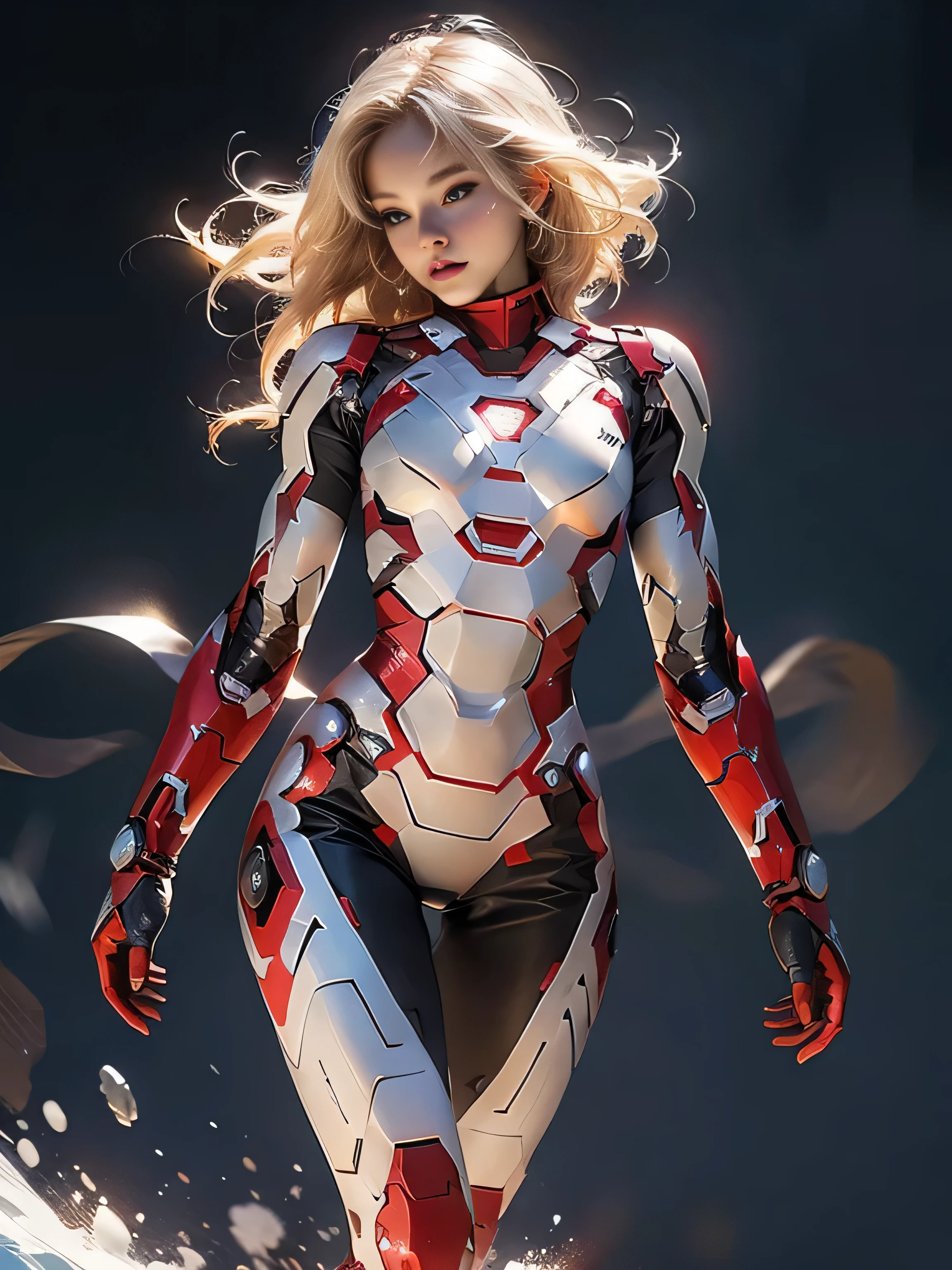 18yo Girl,Full body Shot, White IronMan suit,short and wavy hair,blondehair,beautifulface,lluvia,teto,The Masterpiece,exquisite detailing,Perfect anatomy,best qulity,ultra-highresolution,4k,