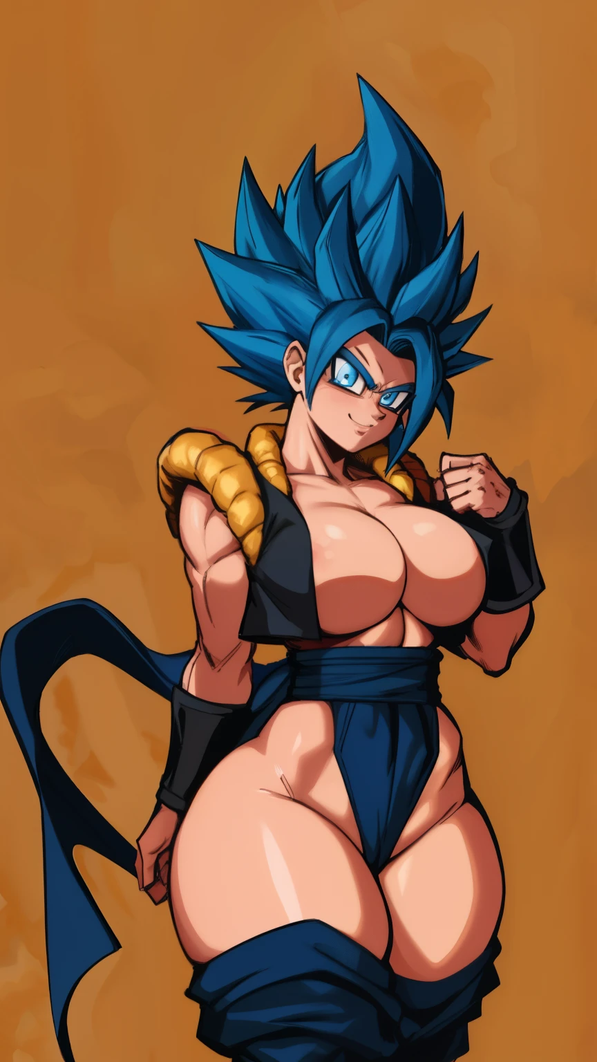 [NSFW] RAW photo, (high detailed skin, detailed eyes:1.1), intricate details, best quality, 8k uhd, soft lighting, Gogeta, breasts, (female:1.2), 1girl, yellow vest, black wristbands, dougi, smile, blue hair, 1 hair bang, super saiyan blue, blue eyes, Full body naked, large breasts, wide hips, curvy, thin waist