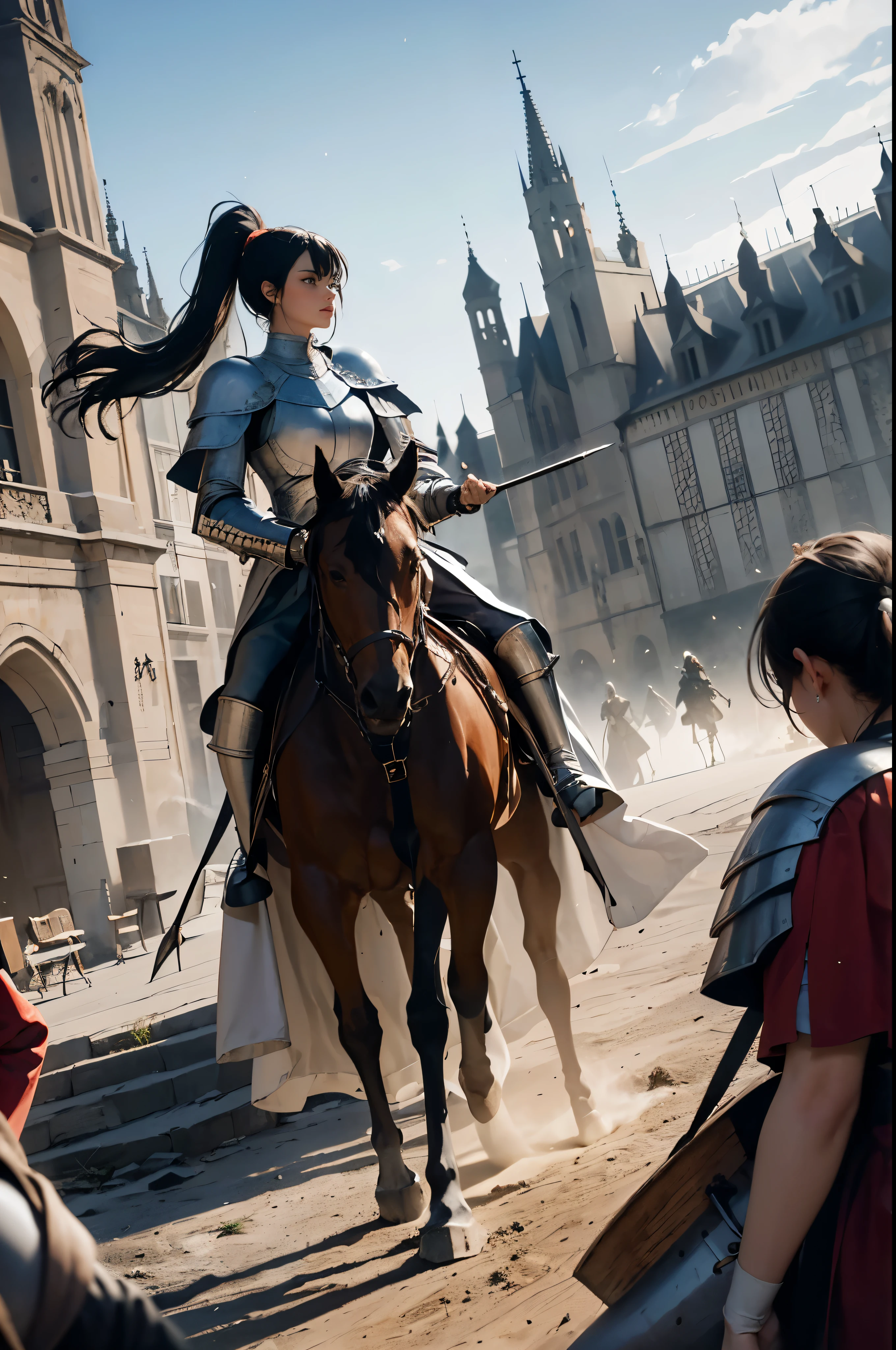 ((Wide angle view of the Hundred Years&#39; War in France)), beautiful young woman, black hair in a ponytail, smooth, wear glasses, สวมชุดเกราะของ Jeanne d&#39;Arc