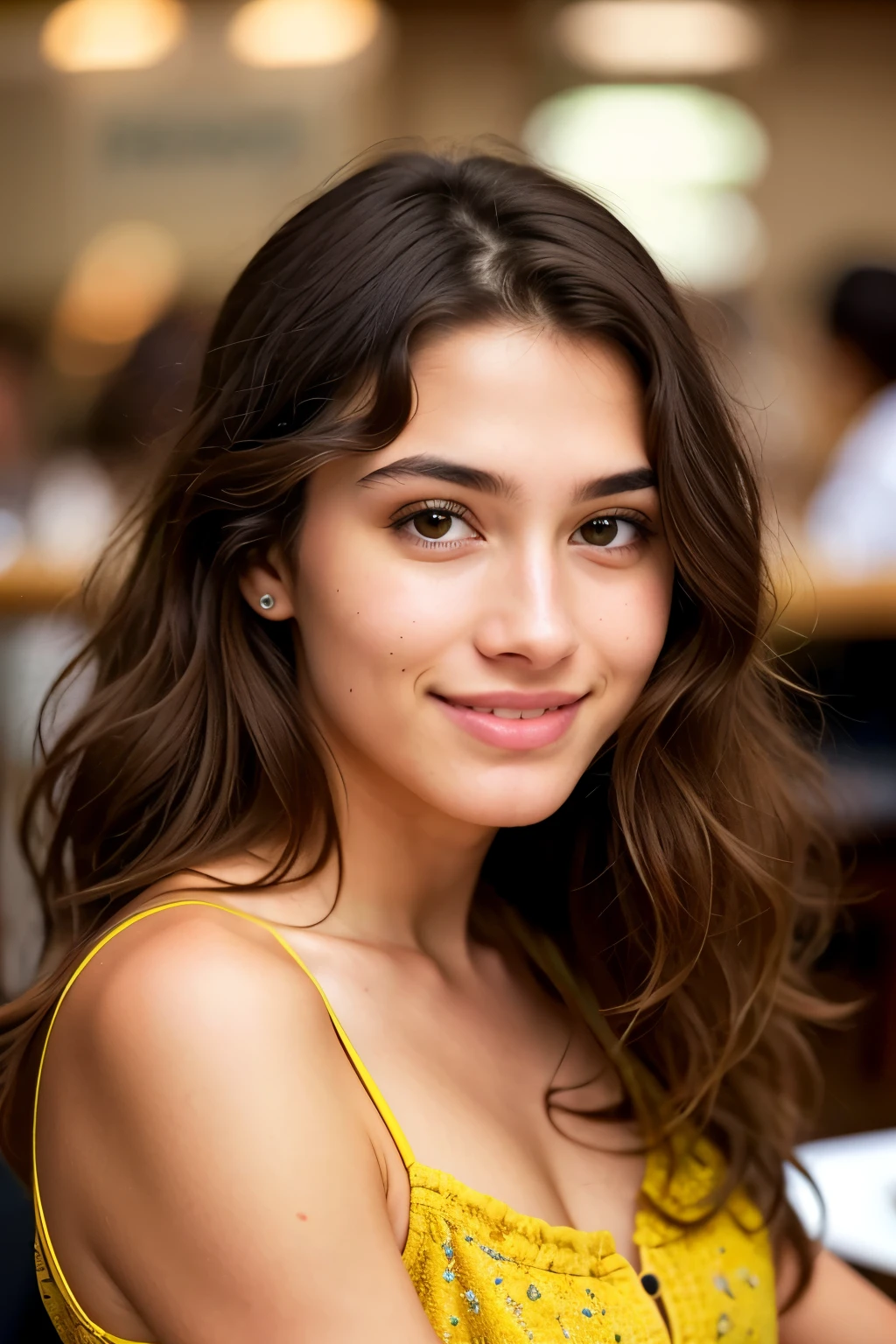 Girl with Brown Hair Sitting in Restaurant,
Very detailed, 20 years old,
Innocent face, natural brown curly hair,
Brown eyes, high resolution, masterpiece,
Best quality, intricate high details,
Sharp focus, detailed skin, realistic skin texture,
Textured hair, detailed eyes, professional,
4K, captivating smile, filmed on Canon,
85mm, shallow depth of field, Kodak Vision color,
Perfectly fitting dress, extremely detailed,
Photorealistic, realistic, post-processing,
Maximum details, roughness, real life, ultra realist,
Photorealism,