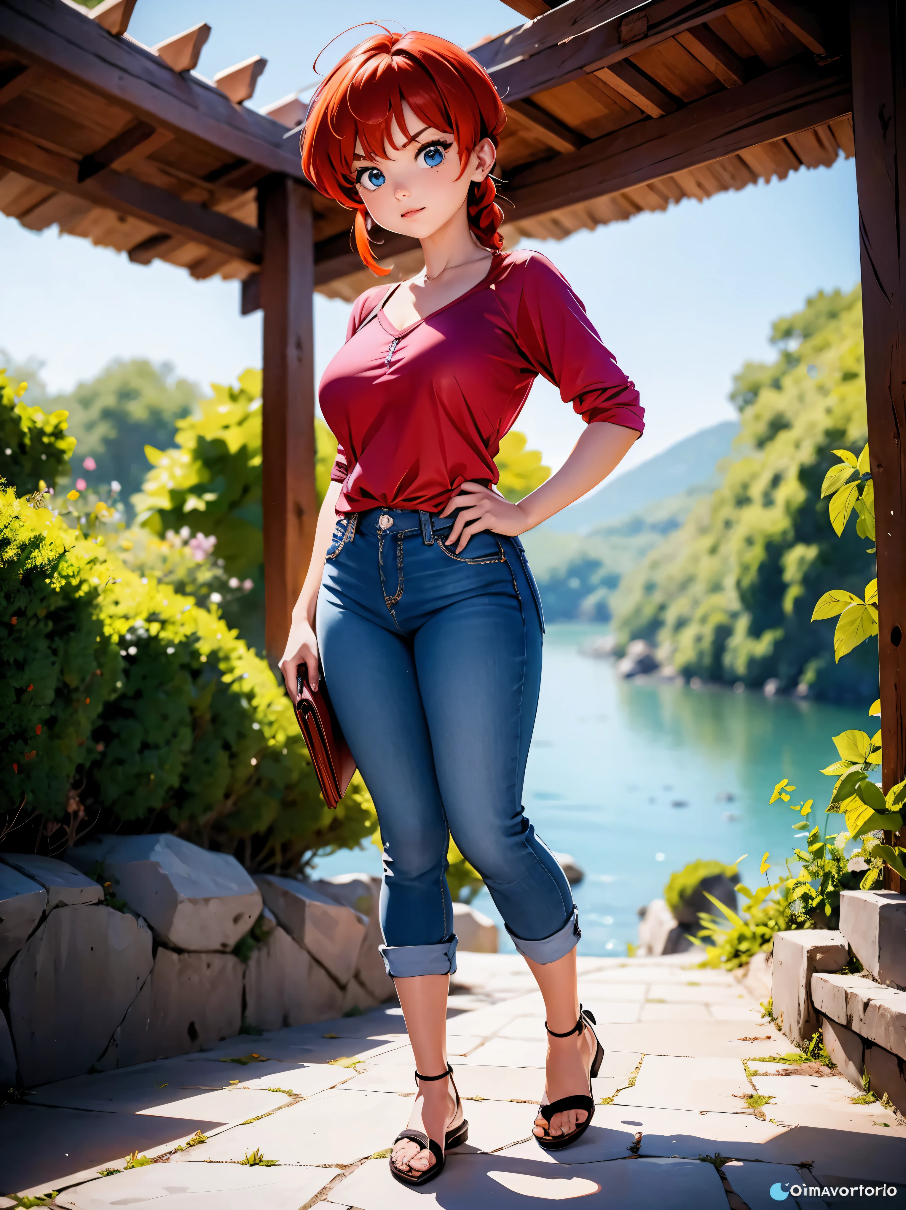 Garota Ruiva de anime em short jeans e blusa rosa brilhante, saia, 16 anos, corpo bonito, seios grandes, com as hands on chest, hands on chest, Garota sexy, red short hair with braid, mechas de cabelo laterais, mechas de cabelo na lateral do rosto, beautiful lighting, sombras suaves, olhos azuis, pernas bonitas, short hair with braid, estilo anime, Ranma Chan, Autora Rumiko Takahashi, Baseado em obra de Rumiko Takahashi, Anime Ranma 1/ 2, decote sexy, quadril robusto, corpo inteiro, corpo inteiro, busto grande, garota jovem com corpo belo e bonito, sandals on his feet, garota 16 anos jovem baixa estatura, vestindo short jeans rosa brilhante, garota anime, estilo anime, beautiful feet in sandals, 45° viewing angle, ao ar livre, red hair braid, grande , peito grande
