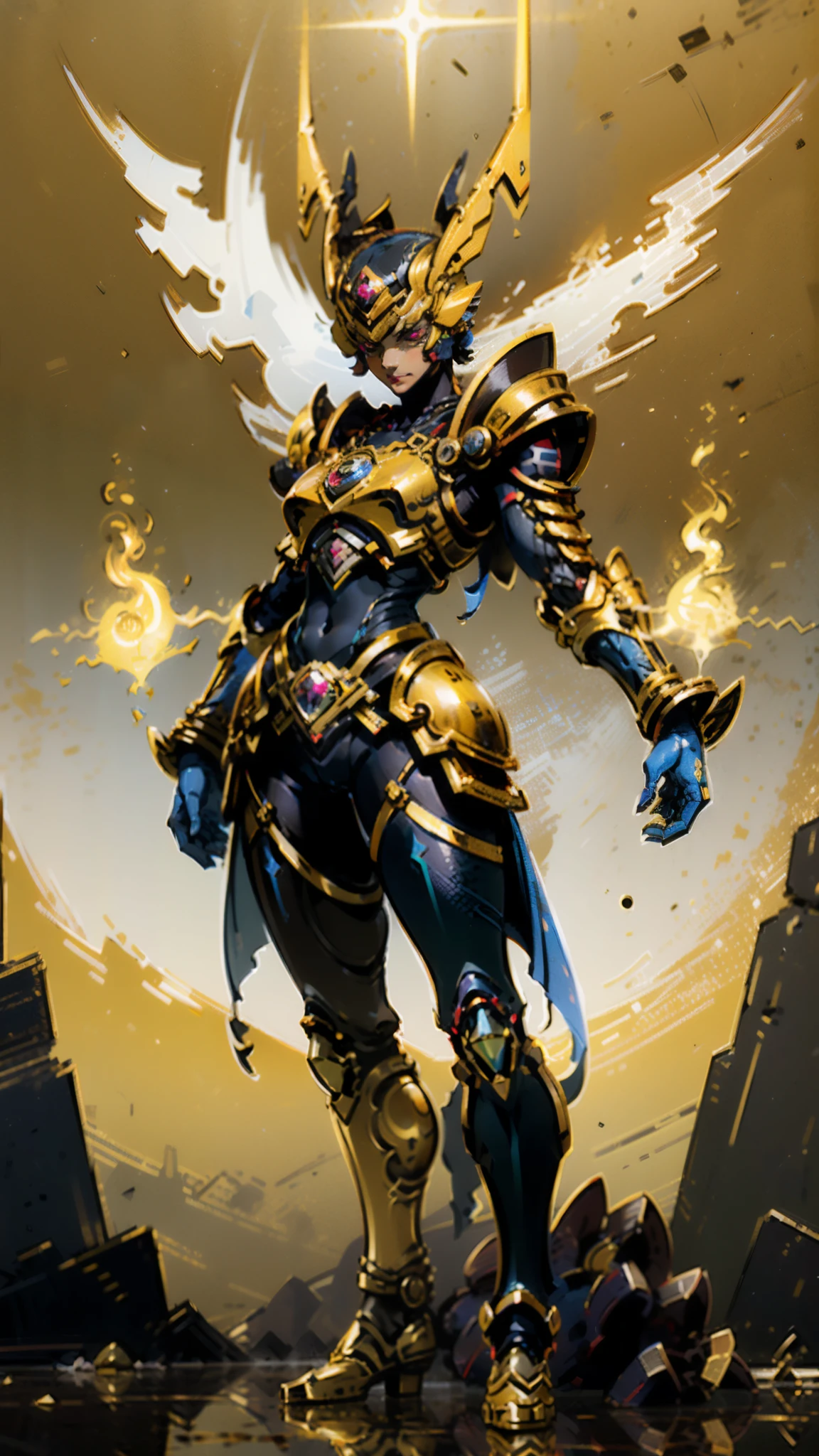 The image presents a highly detailed and futuristic armor designed for a male warrior, with a strong emphasis on the helmet. The armor combines elements from different parts to create a cohesive and powerful look.
Helmet: The helmet is a key feature, with a sleek, aerodynamic design that fully covers the head. It has a golden metallic finish, a central crest that rises upwards, and a bright blue glowing visor, giving it a high-tech, futuristic appearance.
Pauldrons (Shoulder Pads): The shoulder pads are large and wing-like, curving outward and upward, with a polished golden finish. They extend slightly beyond the shoulders, adding majesty and power.
Chest Plate: The chest plate is intricately segmented, combining gold and dark metallic blue. A central gem emits a soft, mystical glow, enhancing the protective and regal design.
Arm Guards: The arm guards are sleek and streamlined, with articulated golden and purple segments that offer both flexibility and protection. The design is robust yet elegant, blending futuristic and classic elements.
Leg Armor: The legs are armored with segmented plates, primarily gold and purple. The angular boots are sturdy, conveying strength and agility, completing the ensemble with a grounded yet sleek appearance.
Background: A dark cosmic scene filled with stars and nebulae highlights the polished surfaces of the armor, especially the glowing visor and central chest gem, reinforcing the warrior's mystical and imposing nature.