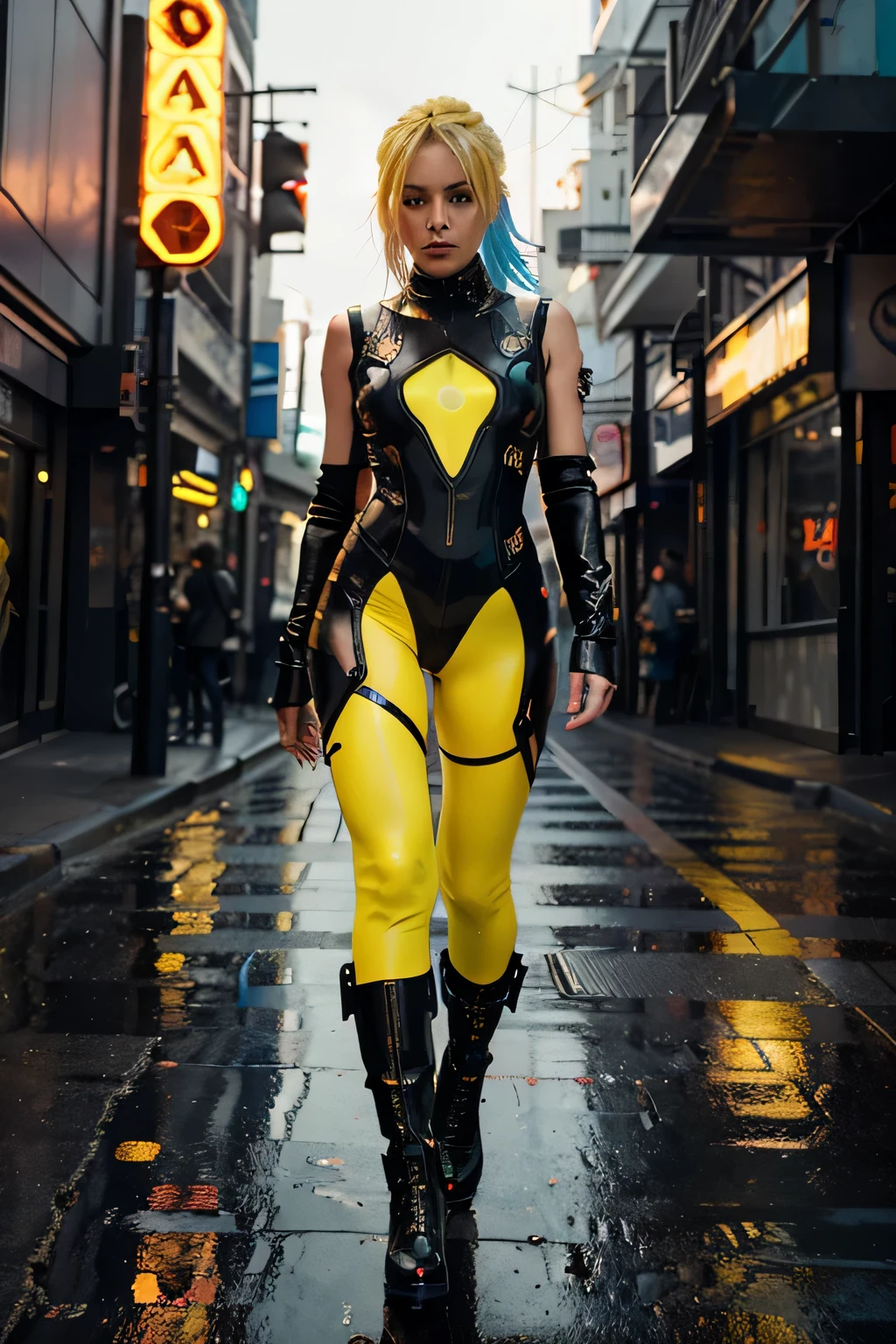 Gere uma imagem ultra-realista e detalhada de corpo inteiro de uma linda rastagirl parada no meio de uma rua cyberpunk futurista durante um (dia ensolarado:1.3). The street beneath your feet is still slippery with remnants of rain, reflecting the vibrant neon lights and warm colors of the cityscape.she is (dressed in a technologically advanced outfit that perfectly combines yellow leather :1.4) with black leather accents and bright red neon accents. O traje deve ter um design elegante e ousado, lembra o estilo do filme 'Tron: Legado', com luzes LED integradas pulsando ao longo das costuras.Your outfit includes cybernetic elements and accessories that enhance your appearance, like holographic displays embedded in his sleeves and glowing circuitry patterns running across his chest. The high-heeled boots she wears are adorned with LED lights that pulse and flash with each step., adding to the futuristic and dynamic look of your ensemble.A paisagem urbana cyberpunk se estende ao seu redor, with imposing futuristic buildings bathed in heat, luz solar dourada. The clear blue sky adds a sense of vibrancy and energy to the scene, contrastando com o legal, futuristic city aesthetic.Your posture should convey confidence and power, with one hand resting on a futuristic gun in the holster at his side. Her hair is styled in a futuristic and edgy way, with neon stripes adding to the cyberpunk vibe.A rua encharcada de chuva reflete as cores quentes da paisagem urbana, criando um ambiente deslumbrante e envolvente. Puddles of water shine on the sidewalk, adding an extra layer of depth and realism to the scene.The overall image must be rendered in ultra-high definition (Ultra HD) resolution, garantindo nitidez e clareza em cada detalhe. Cada aspecto da cena deve ser meticulosamente elaborado para criar um mundo cyberpunk incrivelmente realista e envolvente..