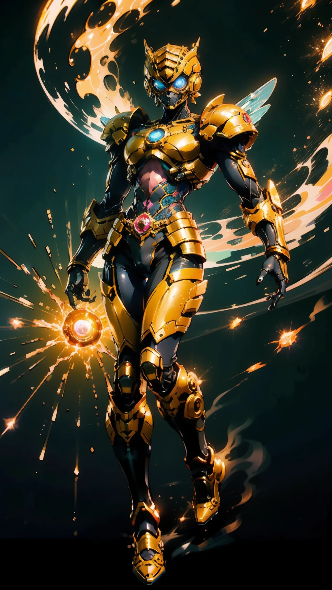 A woman adorned in fantasy-style full-body armor, a crown-concept fully enclosed helmet that unveils only her eyes, a composite layered chest plate, fully encompassing shoulder and hand guards, a lightweight waist armor, form-fitting shin guards, the overall design is heavy-duty yet flexible, ((the armor gleams with a golden glow, complemented by red and blue accents)), exhibiting a noble aura, she floats above a fantasy-surreal high-tech city, this character embodies a finely crafted fantasy-surreal style armored hero in anime style, exquisite and mature manga art style, (Queen bee mixed with Spider concept Armor, plasma, blood), ((Element, energy, elegant, goddess, femminine:1.5)), metallic, high definition, best quality, highres, ultra-detailed, ultra-fine painting, extremely delicate, professional, anatomically correct, symmetrical face, extremely detailed eyes and face, high quality eyes, creativity, RAW photo, UHD, 32k, Natural light, cinematic lighting, masterpiece-anatomy-perfect, masterpiece:1.5