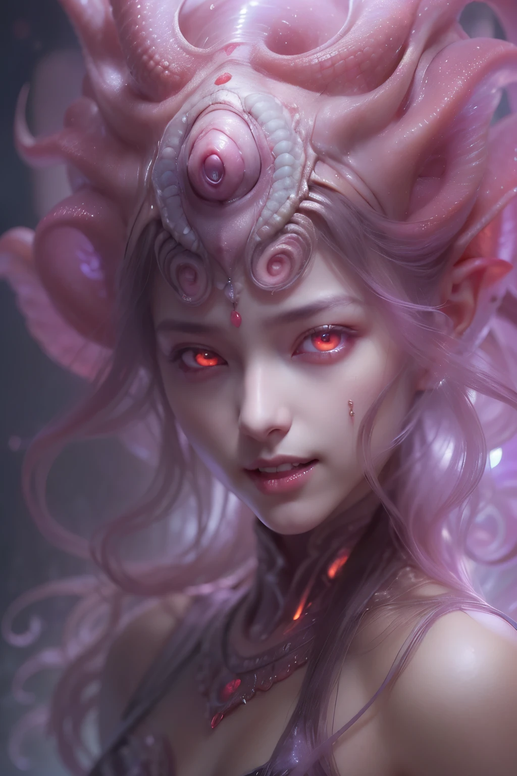 (1 beautiful seductive female creature:1.4), ((There is a female genital-like organ in the middle of the forehead.:1.8)), (realistic face:1.2), Super realistic clear skin, she is very sleepy, (Number of award-winning masterpieces々, incredibly detailed, Texture and maximum detail), midnight aura, unreal engine 5, super sharp focus, midnight aura, unreal engine 5, super sharp focus, (art by Amano Yoshitaka:1.5), art germ, Reusch, intricate artwork, ultra realistic realism, High resolution, High freshness, Unity 8K wallpaper, Super detailed artistic photography, dream-like, fantasy creation, dream snail, (biopunk nautilus:1.3),thrilling color scheme, amazing mutation, She has a beautiful figure with a well-proportioned golden ratio, the goddess of the deep sea, fractal, Geometric pattern, impossible numberany transparent white tentacles with luminescent organs:1.4), Subtle emerald green accents, (smile seductively:1.3),(she has the most beautiful face in the history of the universe:1.5), (She looks down at the viewer with glowing red eyes without pupils:1.3), an evil gaze that seduces, cinematic lighting, (no makeup:1.3), (From the gap between your cute lips,Long canine teeth peek out like a vampire:1.5), in the palace hall, A sweet sigh leaks from her beautiful lips with ecstatic expression, She has countless hair-like translucent tentacles on her head. cheerful smile