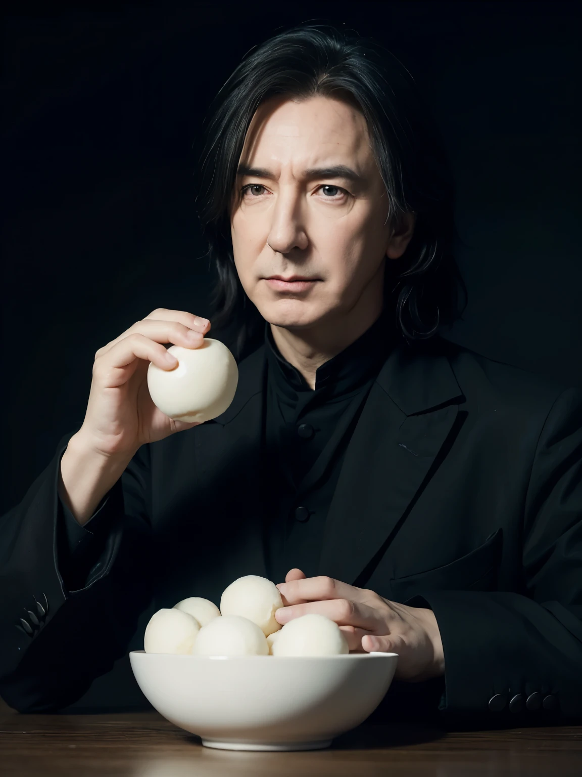 Alan Rickman as Professor Severus Snape,A bowl of mini round mochi,meticulous portrait