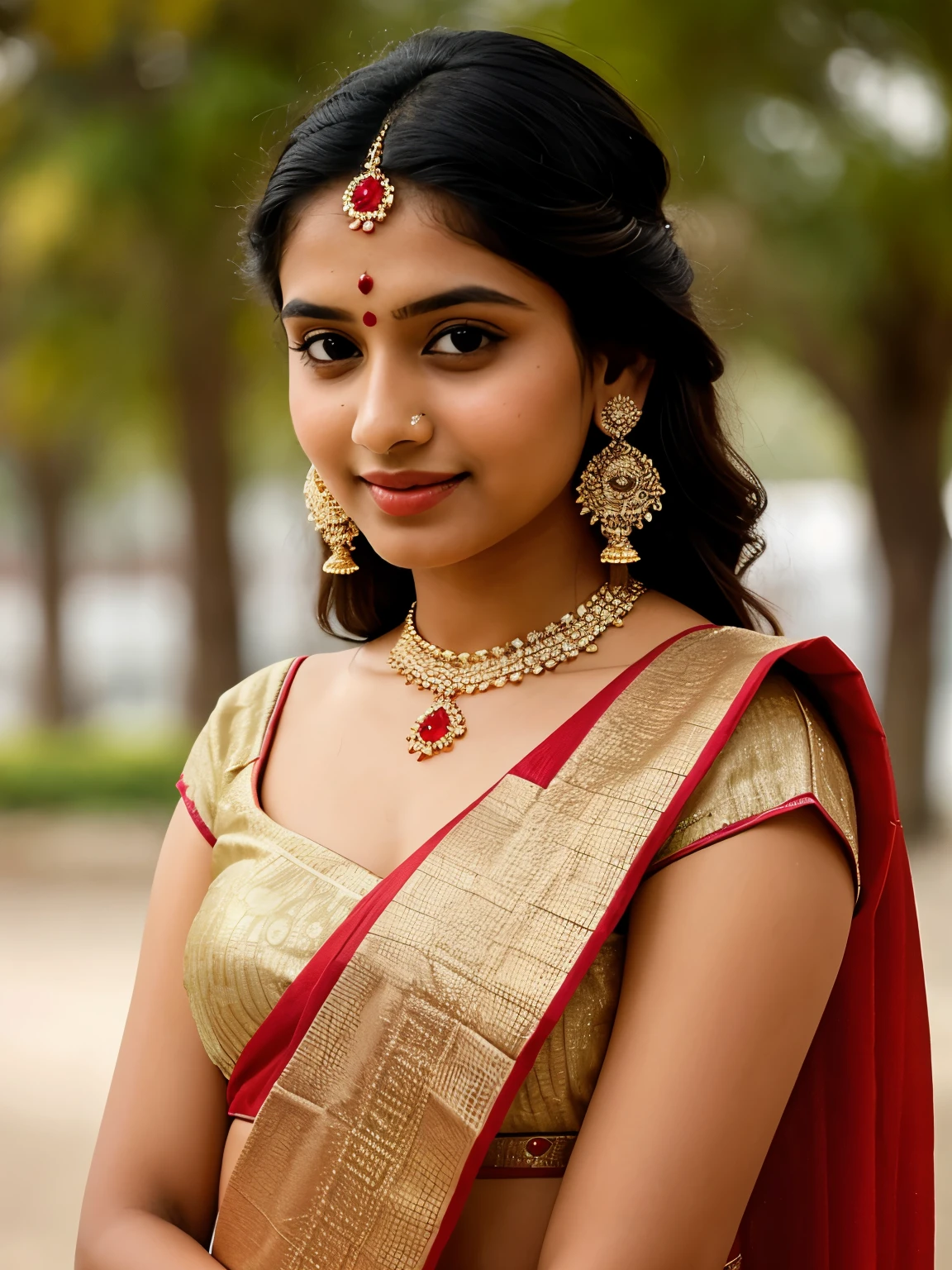 A Indian girl wearing saree with jewelry, earrings
