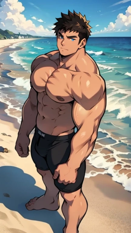 ((Anime style art)), (face detail:1.1),full body,virile face,sulking,muscular thighs,Extremely muscular male character, bodybuilder body, bulky muscles, bare chest, voluminous pecs, topless, shirtless,(wear_speedo),swim_briefs,super shiny skin, detailed eyes,dark skin,shirtless,hyper muscle, 1 man, alone, beach, sunny day, beautiful day, sea, clouds. Anime main character, Nice image, Hard drive, 4k, Main character. Main character from the anime, 